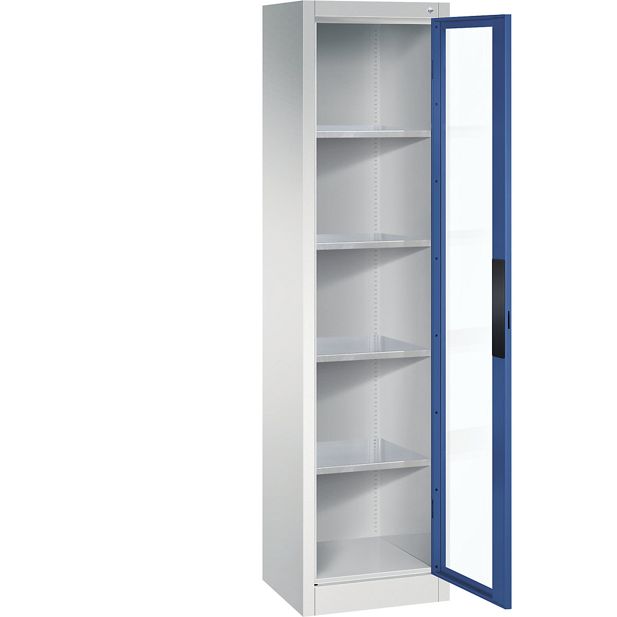 Vision panel double door cupboard – C+P, HxWxD 1950 x 502 x 400 mm, 4 shelves, light grey / gentian blue-6
