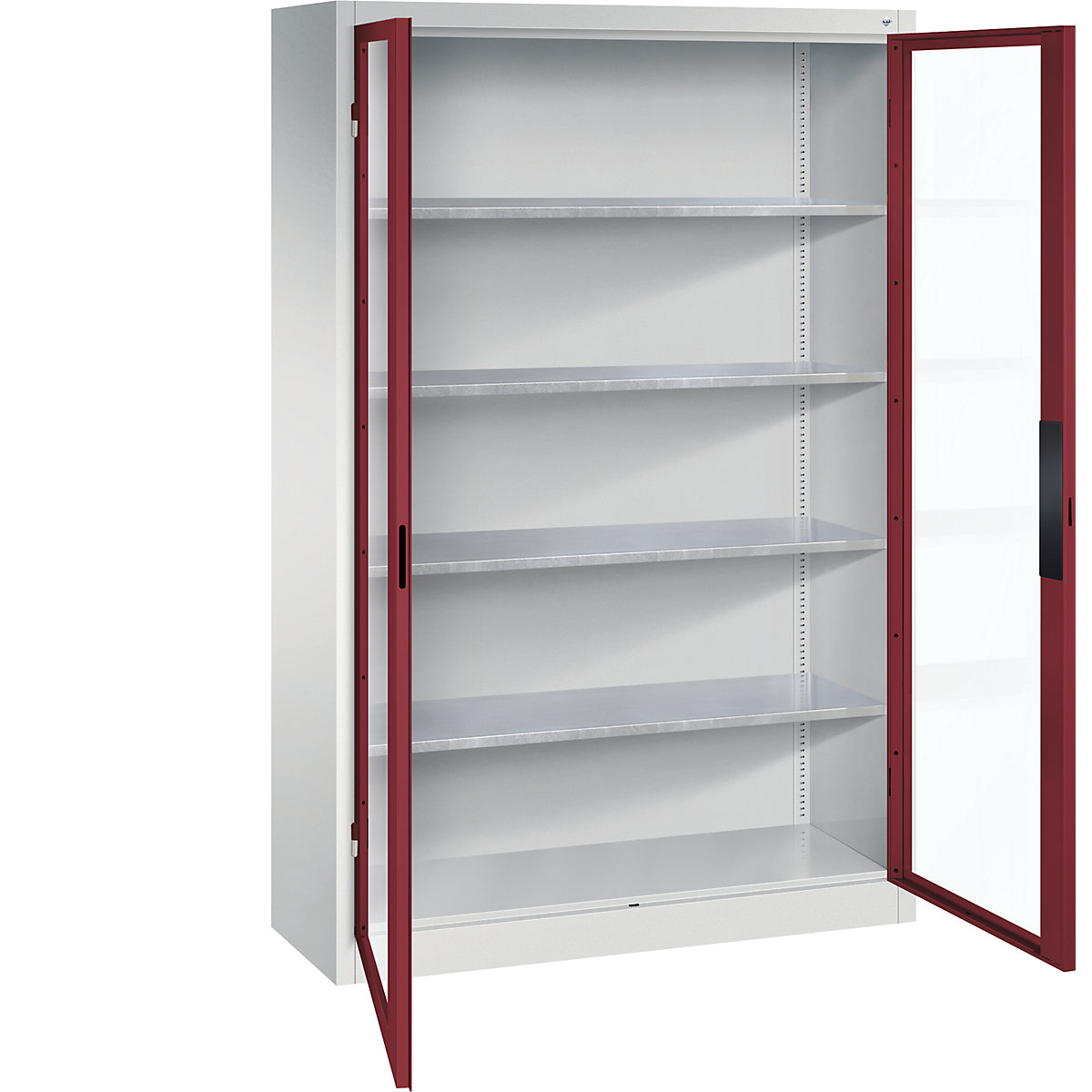 Vision panel double door cupboard – C+P, HxWxD 1950 x 1200 x 400 mm, 4 shelves, light grey / ruby red-10