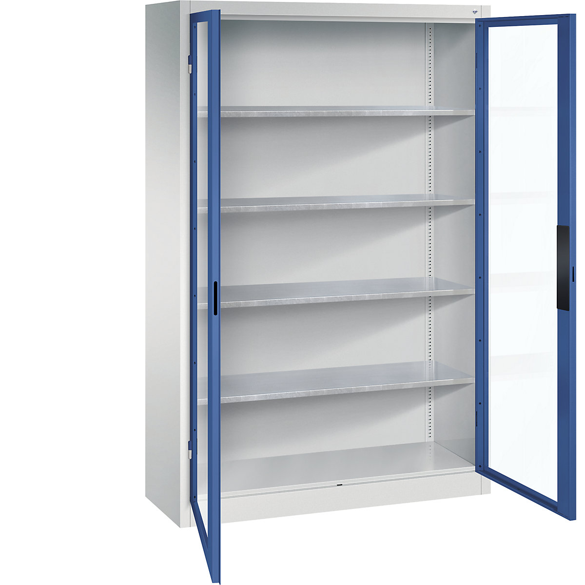 Vision panel double door cupboard – C+P, HxWxD 1950 x 1200 x 400 mm, 4 shelves, light grey / gentian blue-7