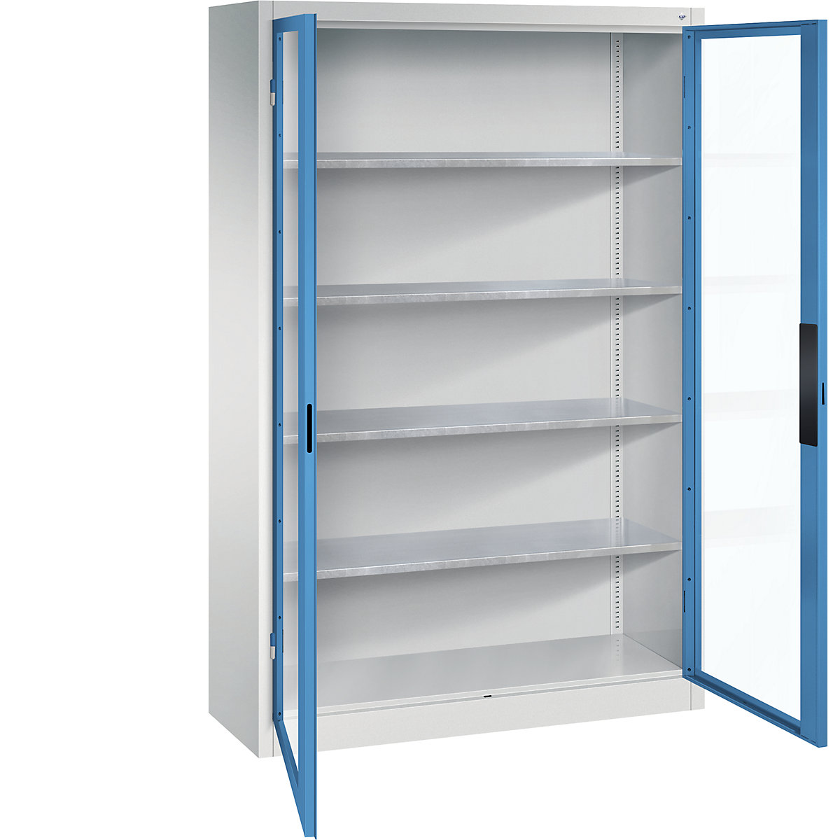 Vision panel double door cupboard – C+P, HxWxD 1950 x 1200 x 400 mm, 4 shelves, light grey / light blue-8