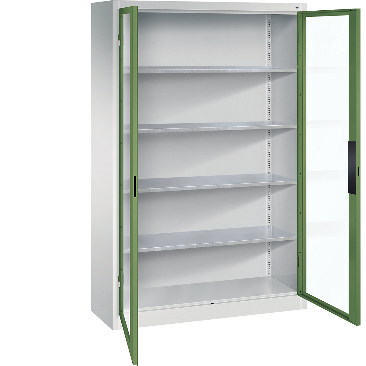 Vision panel double door cupboard – C+P, HxWxD 1950 x 1200 x 400 mm, 4 shelves, light grey / reseda green-9
