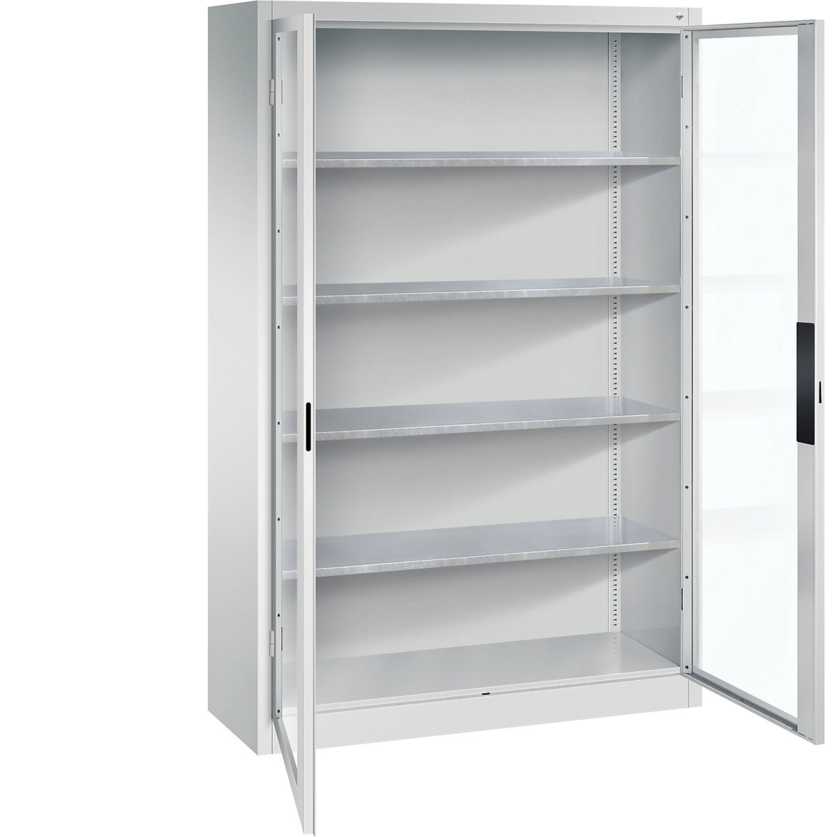 Vision panel double door cupboard – C+P, HxWxD 1950 x 1200 x 400 mm, 4 shelves, light grey / light grey-6