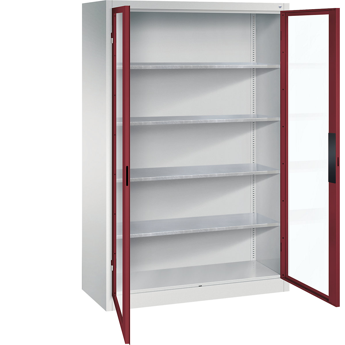 Vision panel double door cupboard – C+P, HxWxD 1950 x 1200 x 500 mm, 4 shelves, light grey / ruby red-7