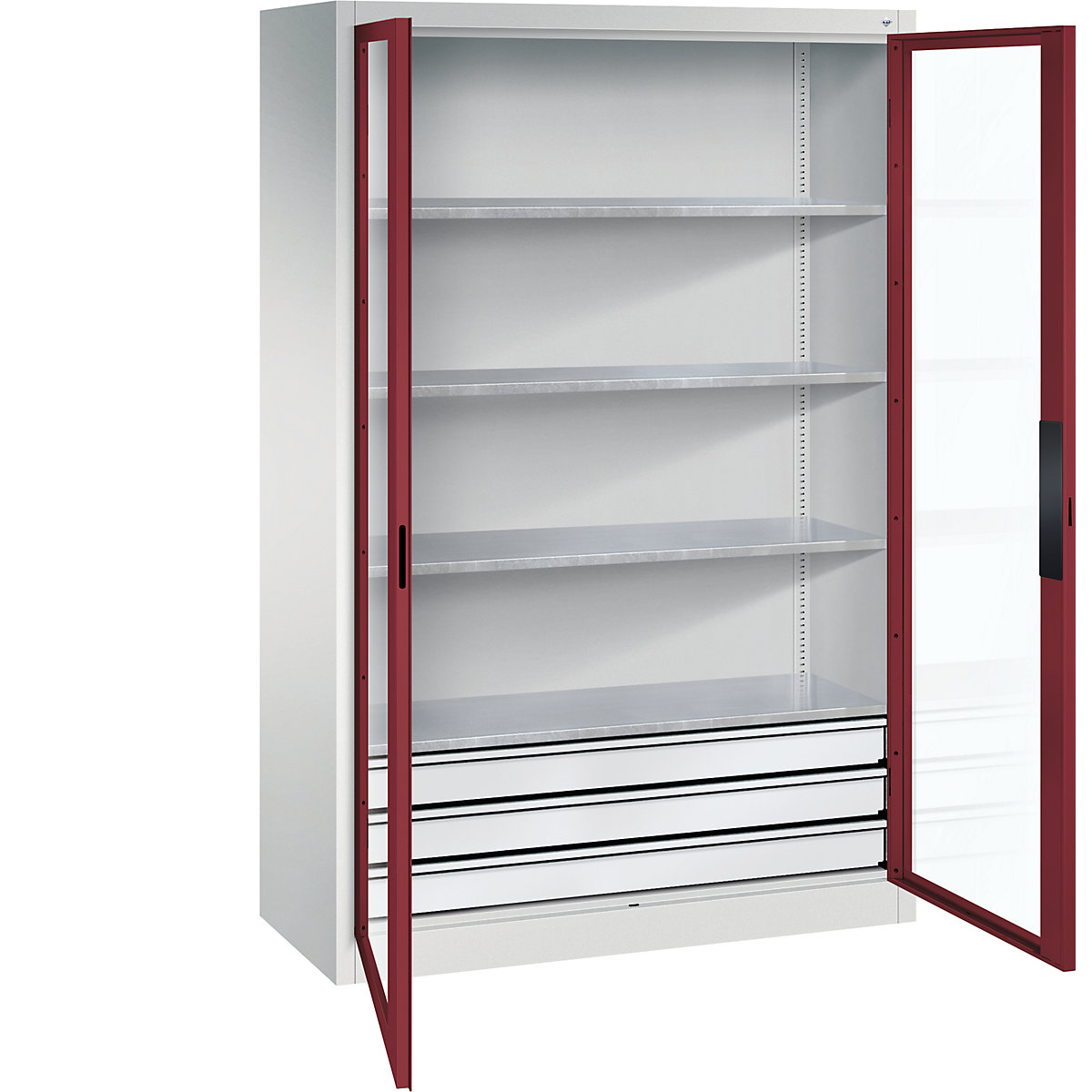 Vision panel double door cupboard – C+P, HxWxD 1950 x 1200 x 500 mm, with 4 shelves, 3 drawers, light grey / ruby red-5
