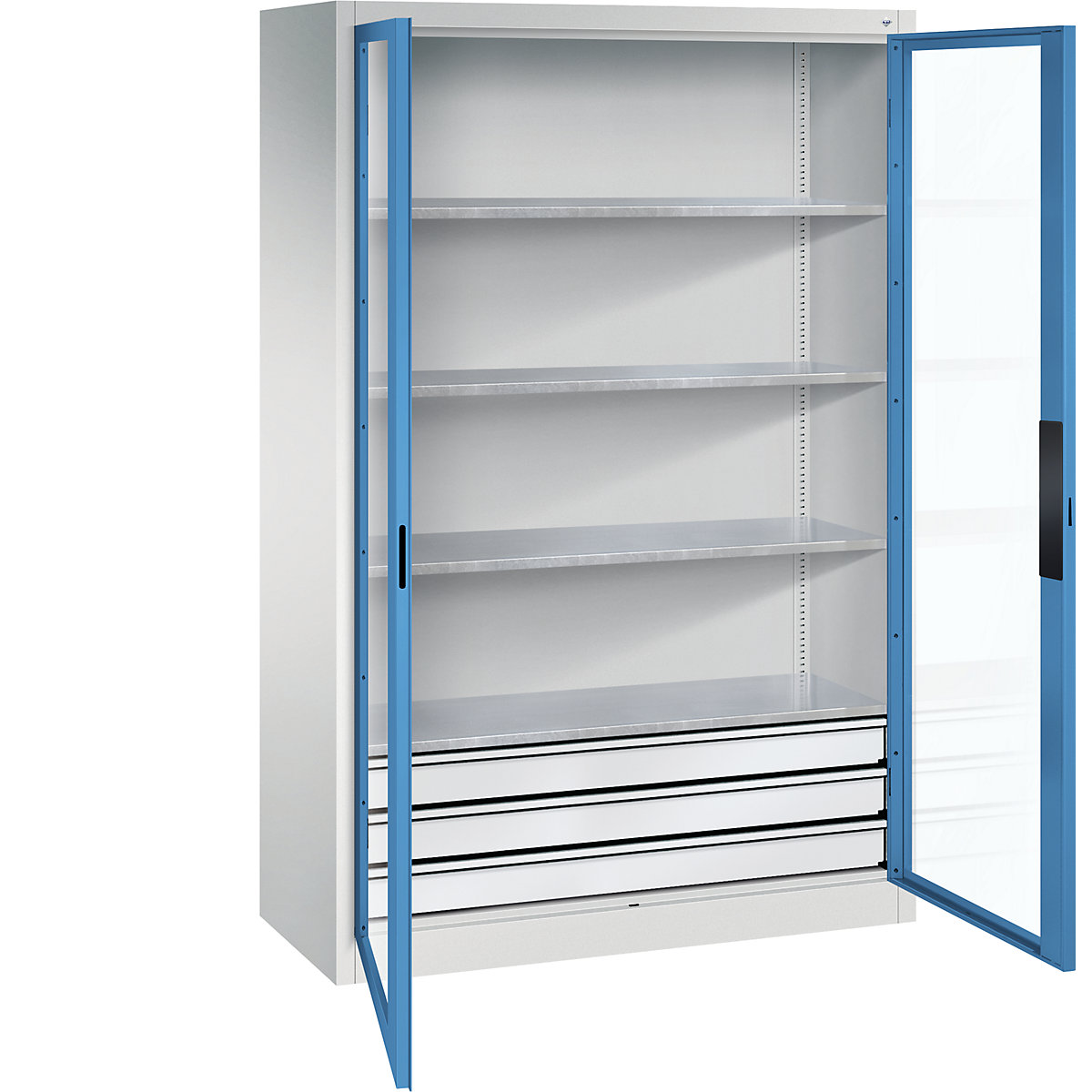 Vision panel double door cupboard – C+P, HxWxD 1950 x 1200 x 500 mm, with 4 shelves, 3 drawers, light grey / light blue-10
