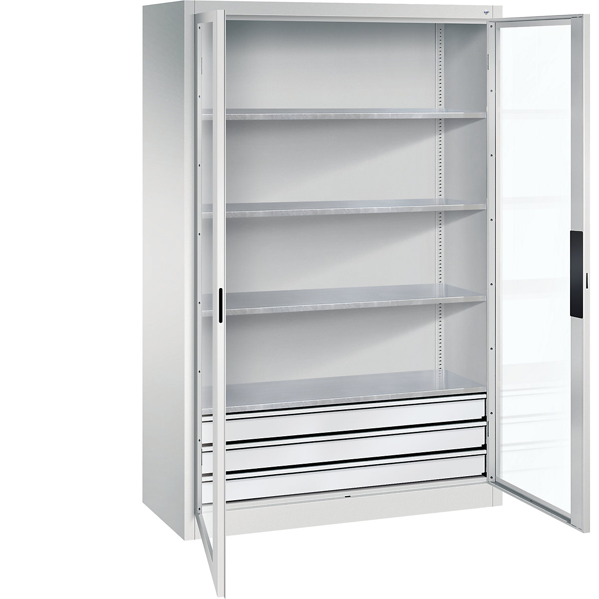 Vision panel double door cupboard – C+P, HxWxD 1950 x 1200 x 500 mm, with 4 shelves, 3 drawers, light grey / light grey-6