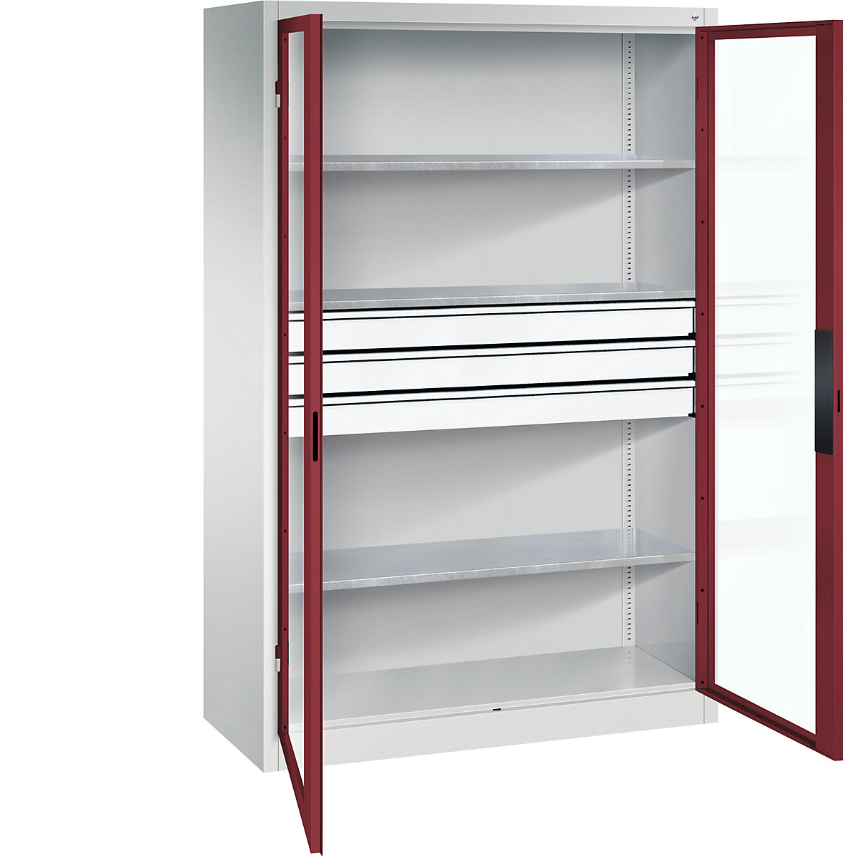 Vision panel double door cupboard – C+P, HxWxD 1950 x 1200 x 500 mm, with 3 shelves, 3 drawers, light grey / ruby red-6