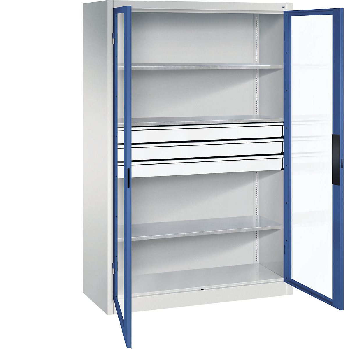 Vision panel double door cupboard – C+P, HxWxD 1950 x 1200 x 500 mm, with 3 shelves, 3 drawers, light grey / gentian blue-5