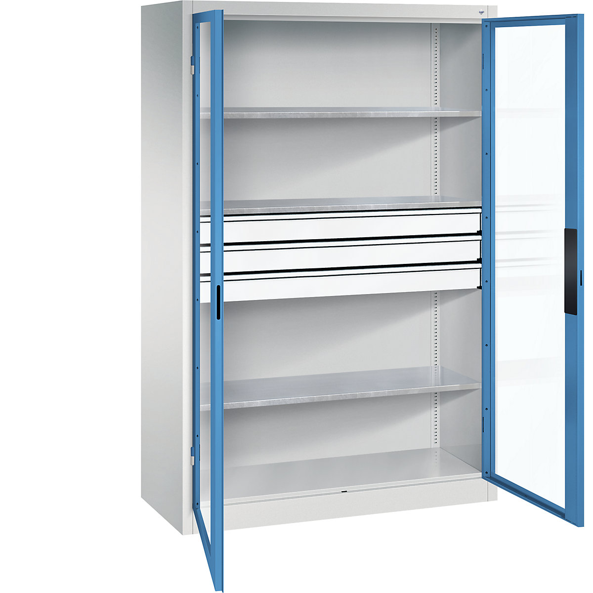 Vision panel double door cupboard – C+P, HxWxD 1950 x 1200 x 500 mm, with 3 shelves, 3 drawers, light grey / light blue-9