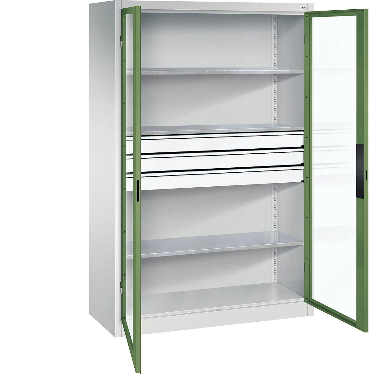 Vision panel double door cupboard – C+P, HxWxD 1950 x 1200 x 500 mm, with 3 shelves, 3 drawers, light grey / reseda green-8