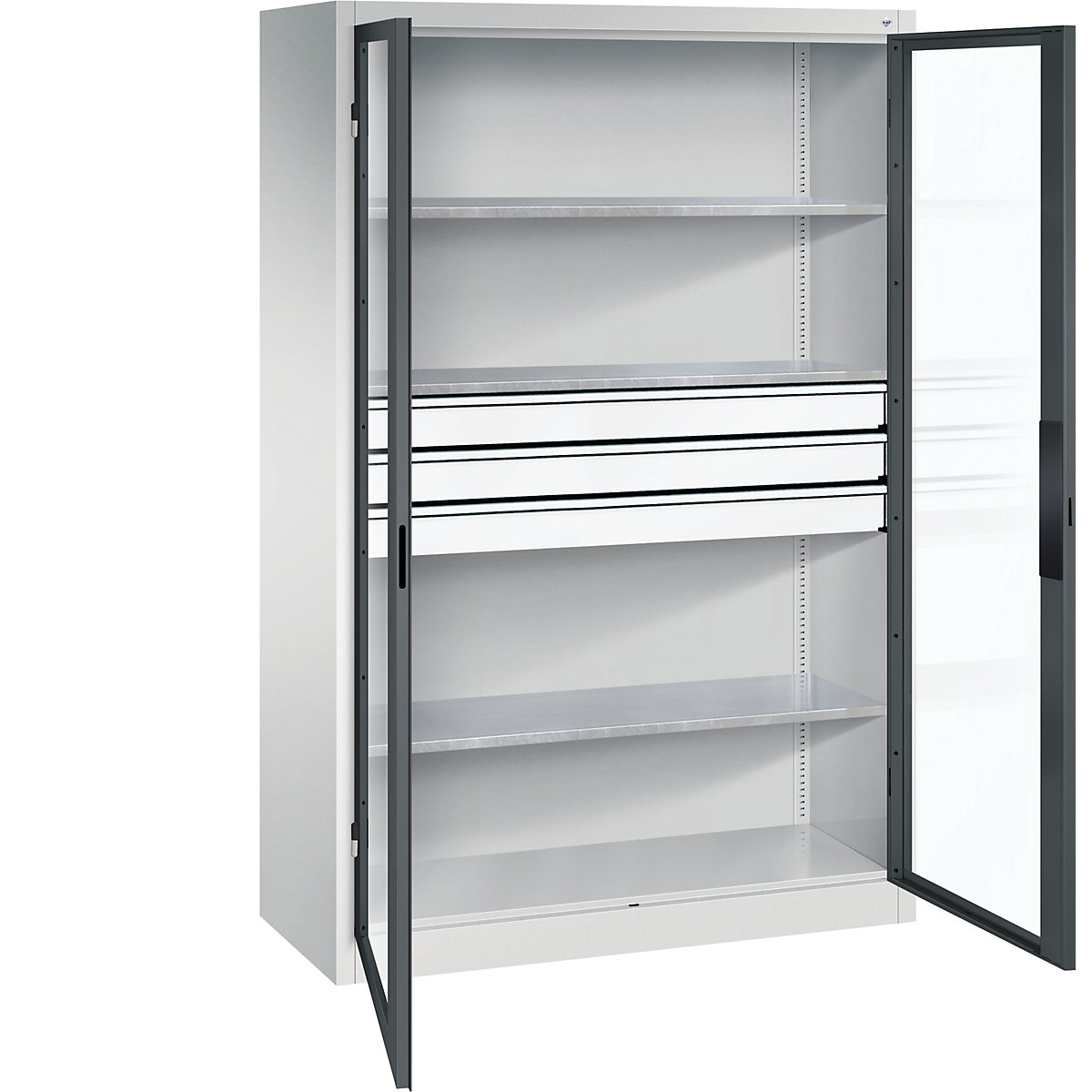 Vision panel double door cupboard – C+P, HxWxD 1950 x 1200 x 500 mm, with 3 shelves, 3 drawers, light grey / charcoal-10