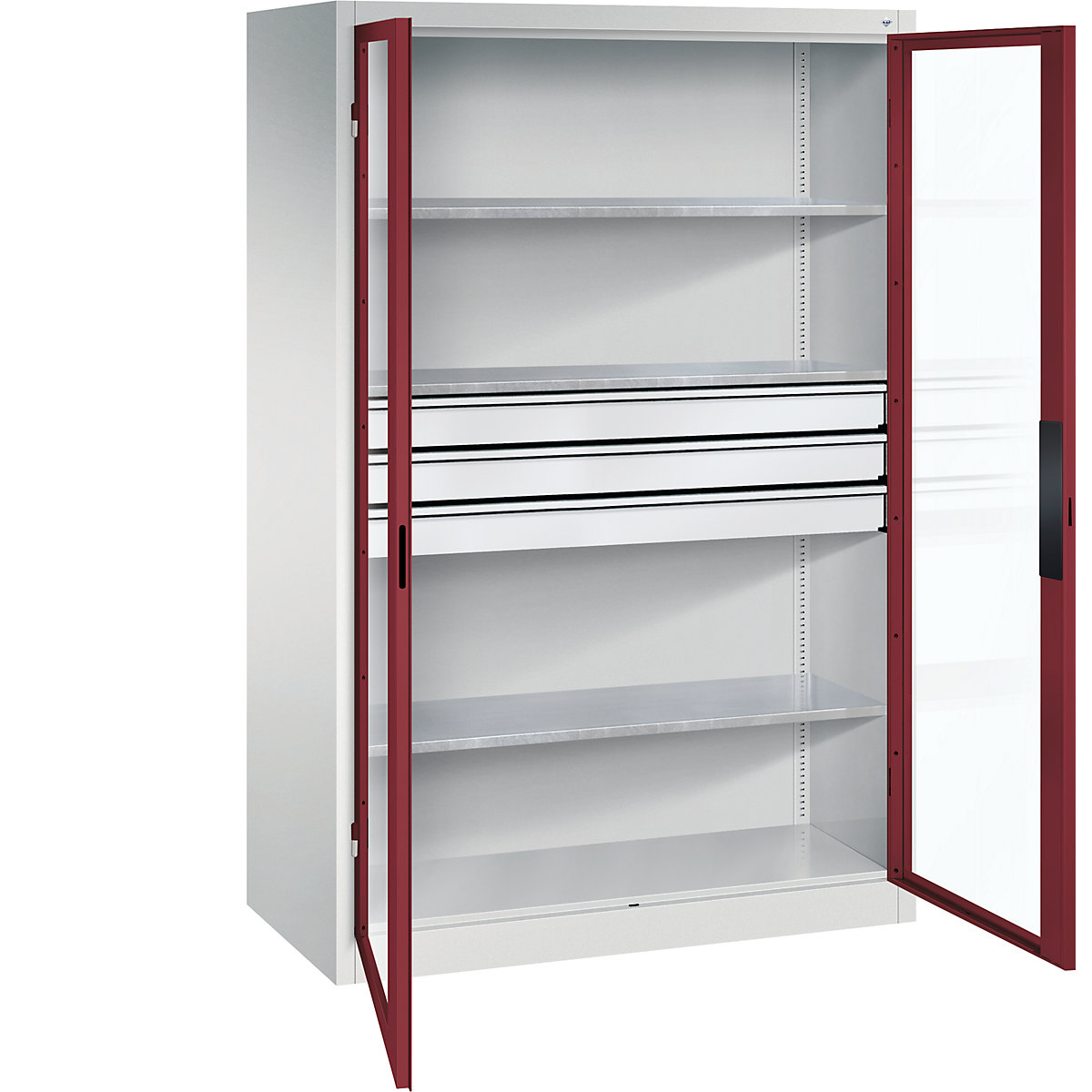 Vision panel double door cupboard – C+P, HxWxD 1950 x 1200 x 600 mm, with 3 shelves, 3 drawers, light grey / ruby red-7