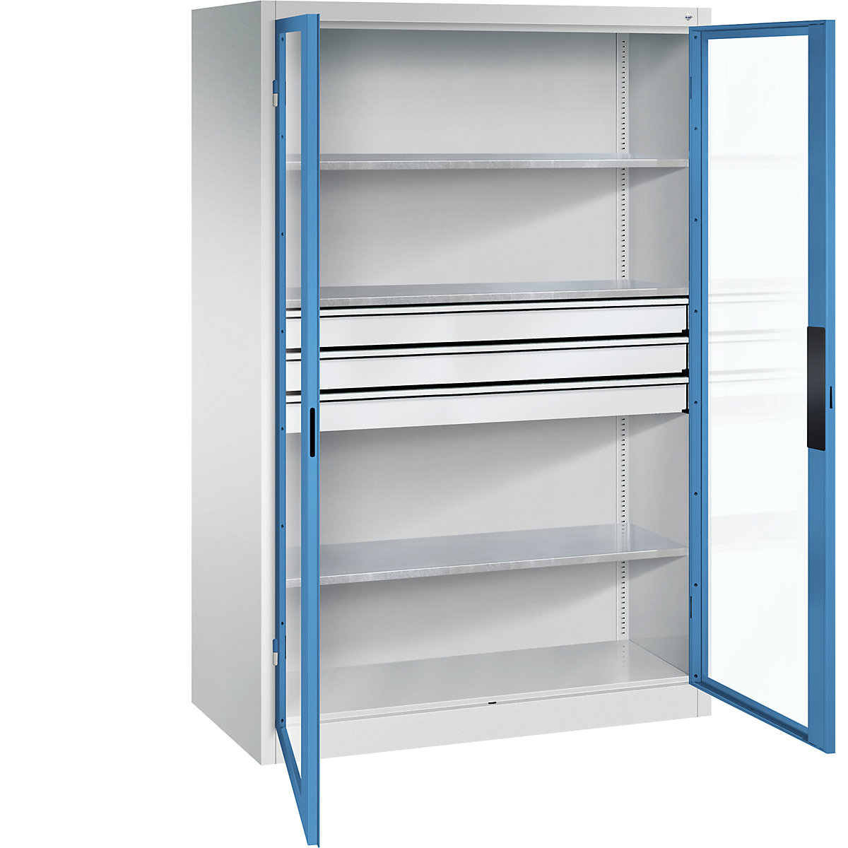 Vision panel double door cupboard – C+P, HxWxD 1950 x 1200 x 600 mm, with 3 shelves, 3 drawers, light grey / light blue-6