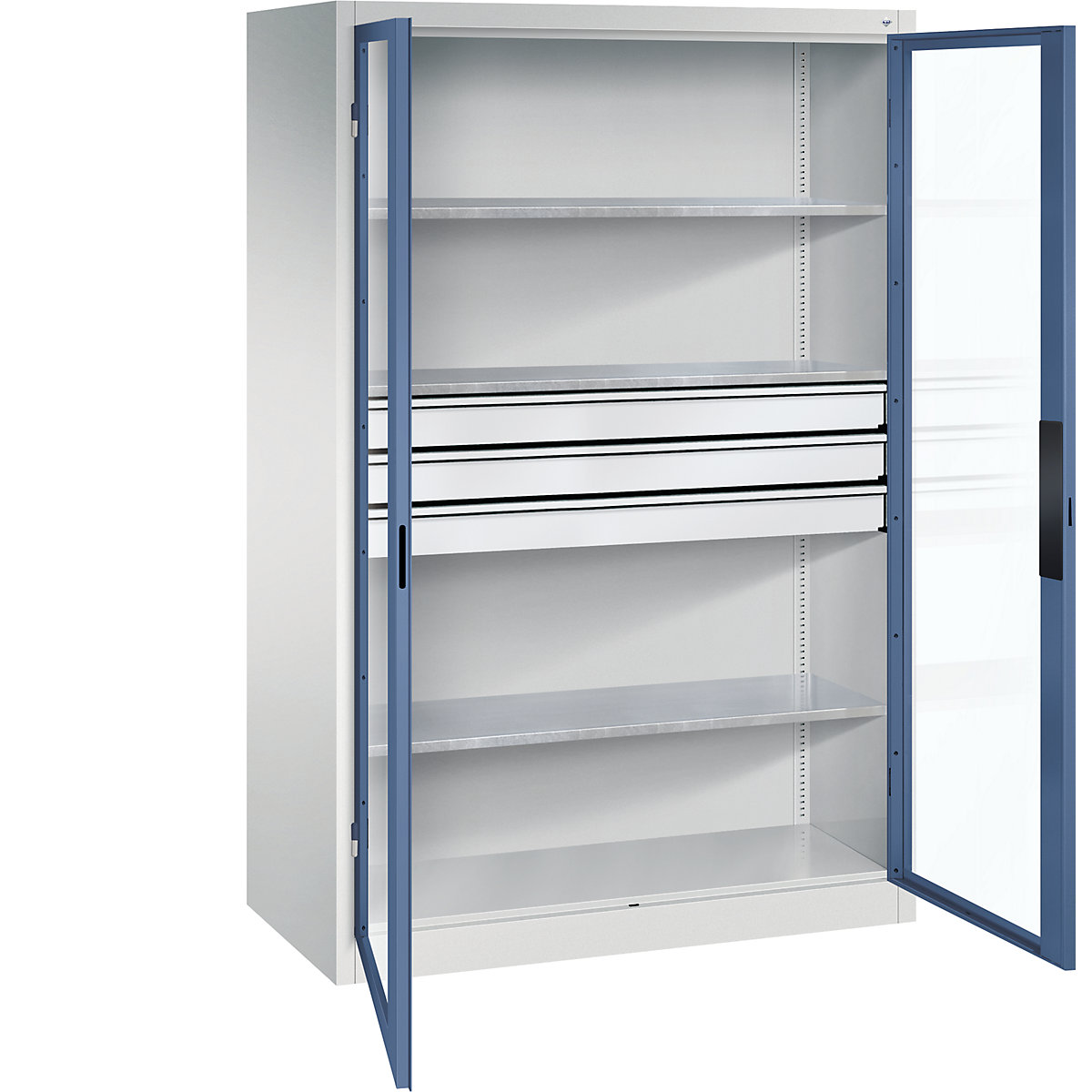 Vision panel double door cupboard – C+P, HxWxD 1950 x 1200 x 600 mm, with 3 shelves, 3 drawers, light grey / distant blue-9