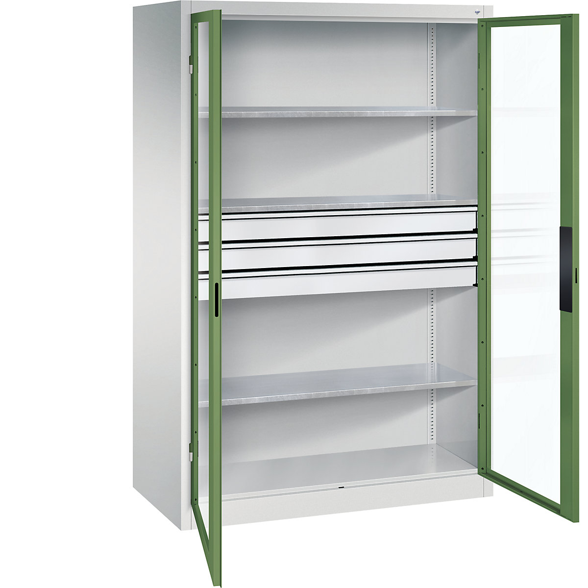 Vision panel double door cupboard – C+P, HxWxD 1950 x 1200 x 600 mm, with 3 shelves, 3 drawers, light grey / reseda green-5