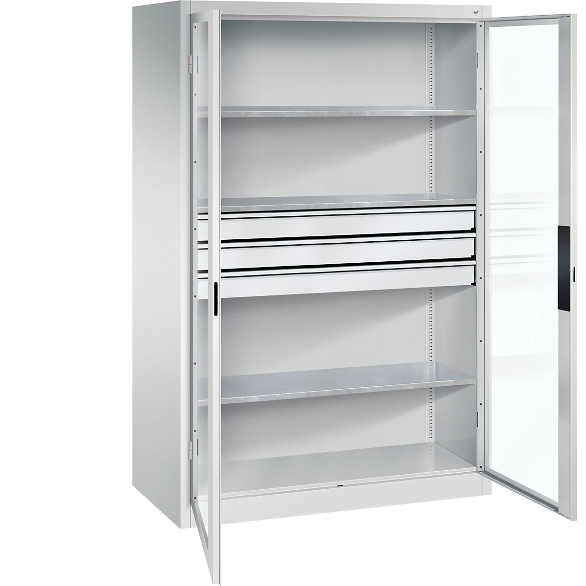 Vision panel double door cupboard – C+P, HxWxD 1950 x 1200 x 600 mm, with 3 shelves, 3 drawers, light grey / light grey-8