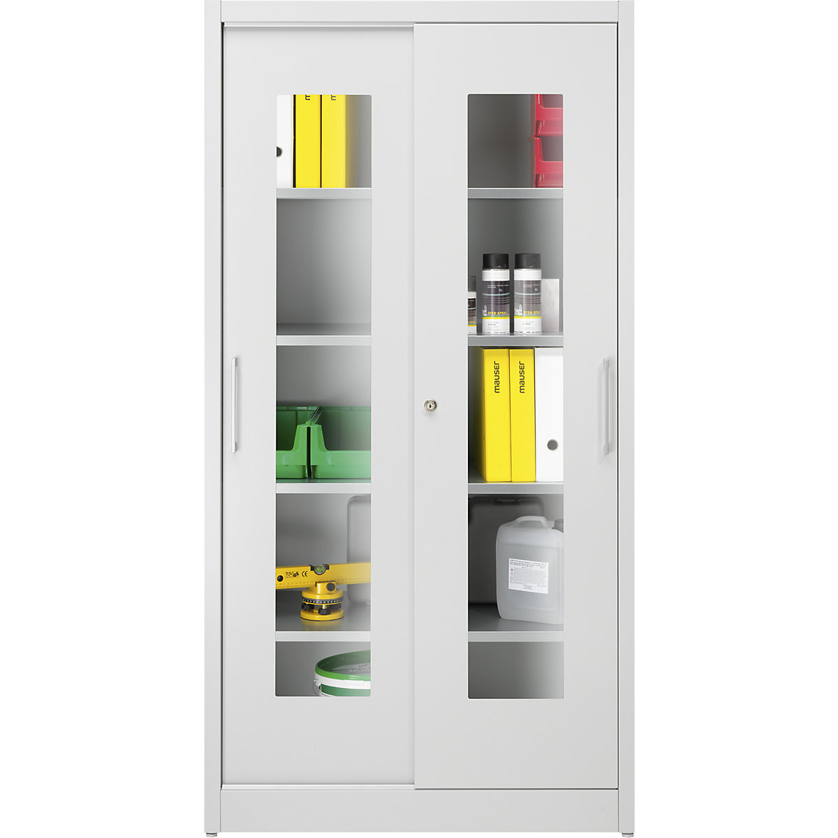 Vision panel sliding door cupboard – mauser, with 4 shelves, HxW 1950 x 1000 mm, depth 600 mm, door colour light grey-3