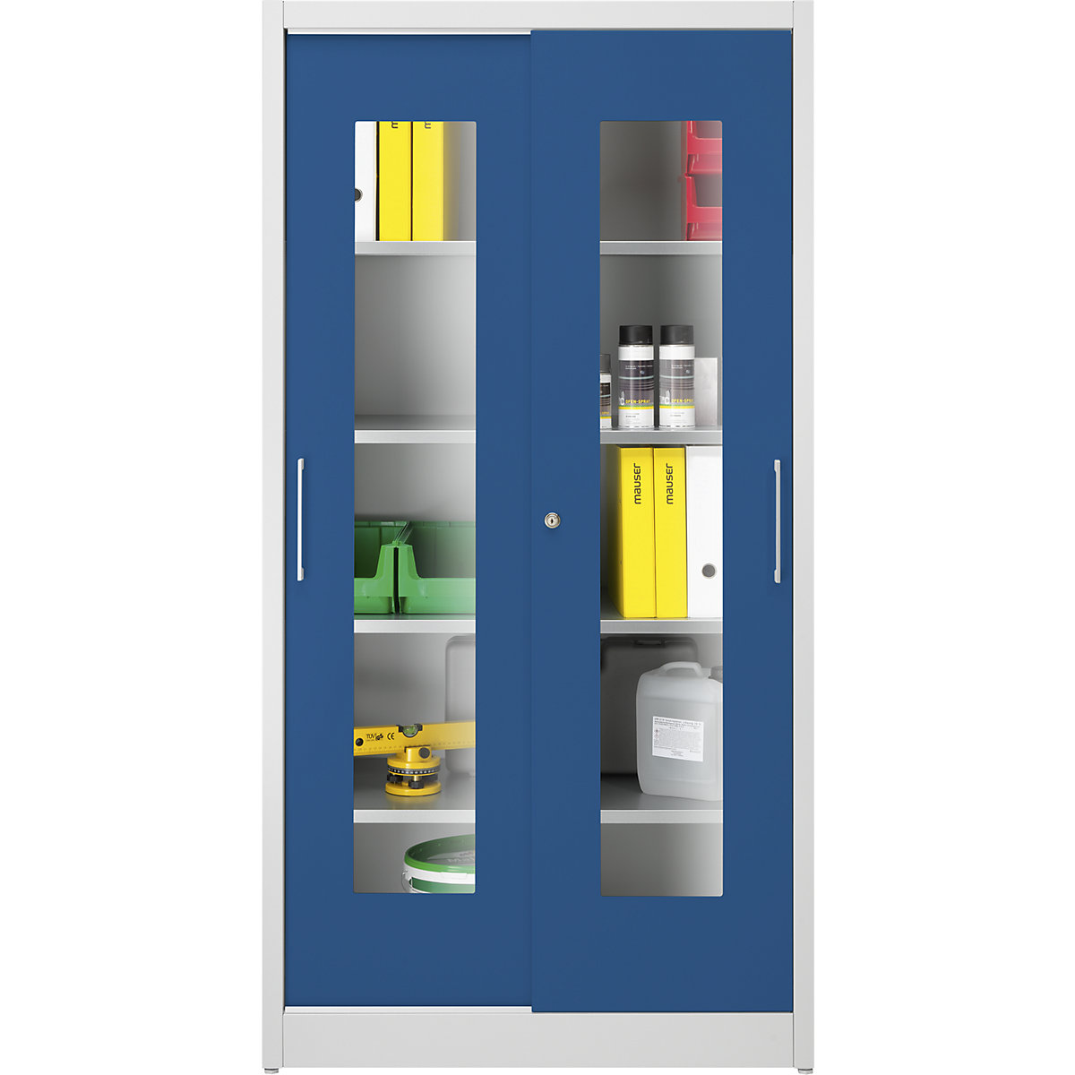 Vision panel sliding door cupboard – mauser, with 4 shelves, HxW 1950 x 1000 mm, depth 600 mm, door colour gentian blue-6