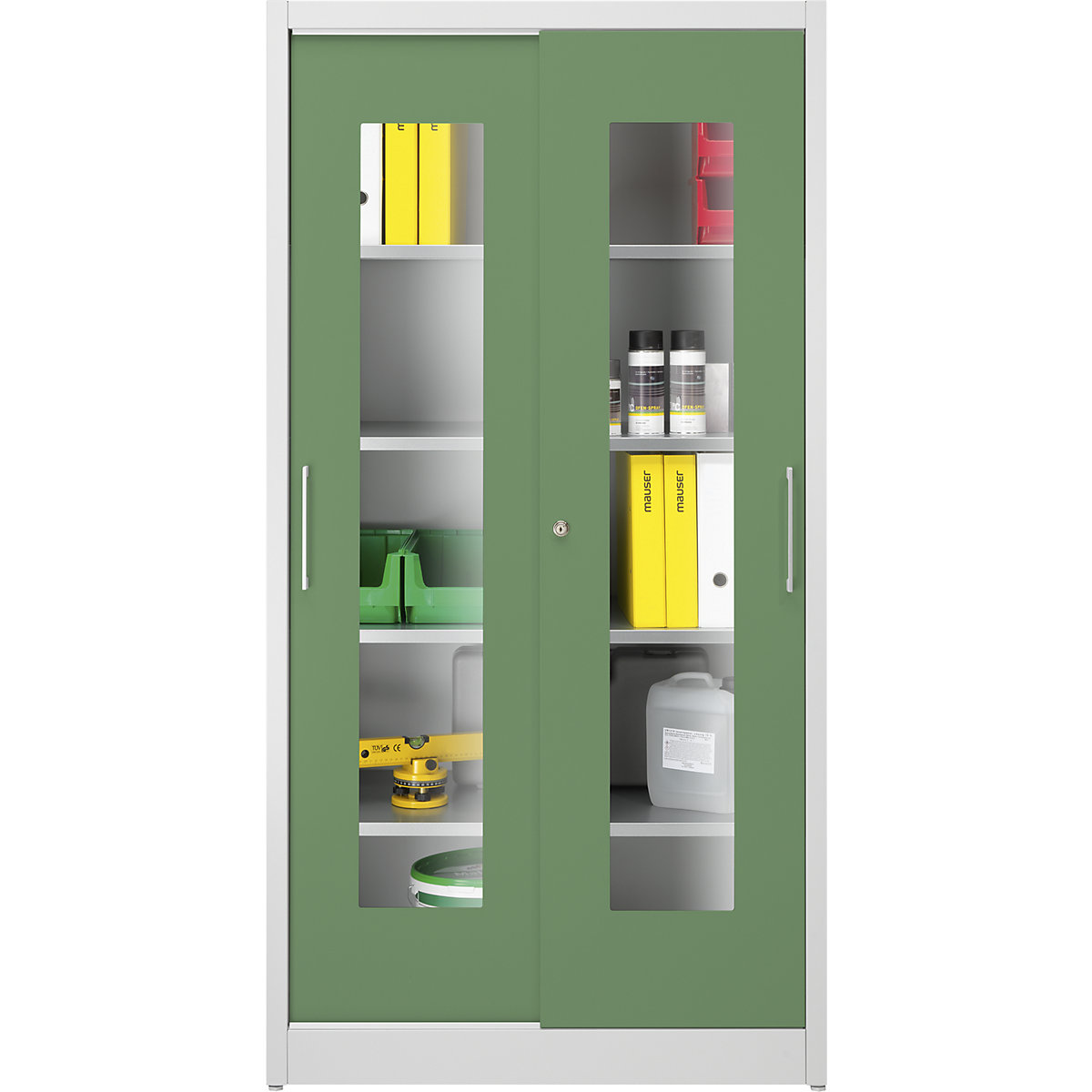 Vision panel sliding door cupboard – mauser, with 4 shelves, HxW 1950 x 1000 mm, depth 600 mm, door colour reseda green-7