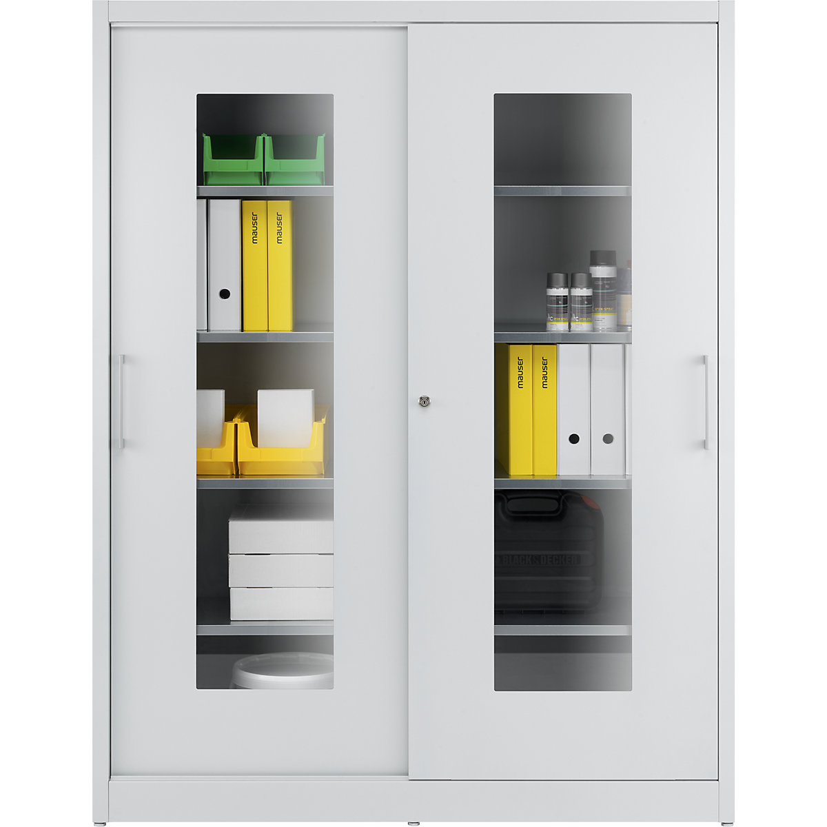 Vision panel sliding door cupboard – mauser, with 2 x 4 shelves, HxW 1950 x 1500 mm, depth 500 mm, door colour light grey-7