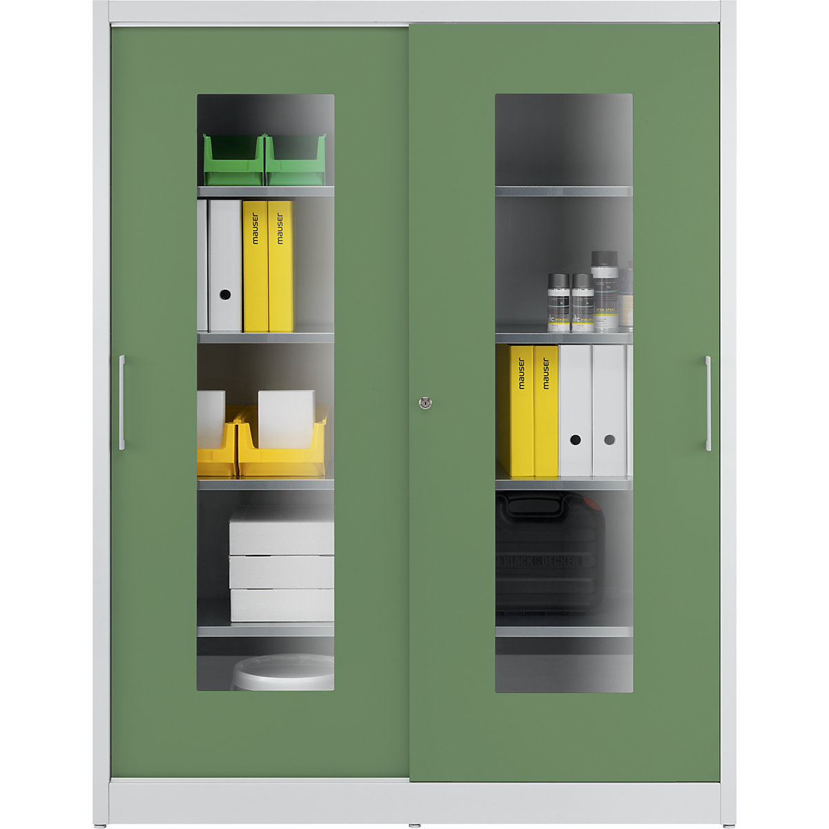 Vision panel sliding door cupboard – mauser, with 2 x 4 shelves, HxW 1950 x 1500 mm, depth 500 mm, door colour reseda green-8