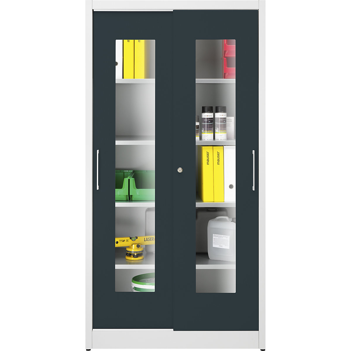 Vision panel sliding door cupboard – mauser, with 4 shelves, HxW 1950 x 1000 mm, depth 500 mm, door colour charcoal-5
