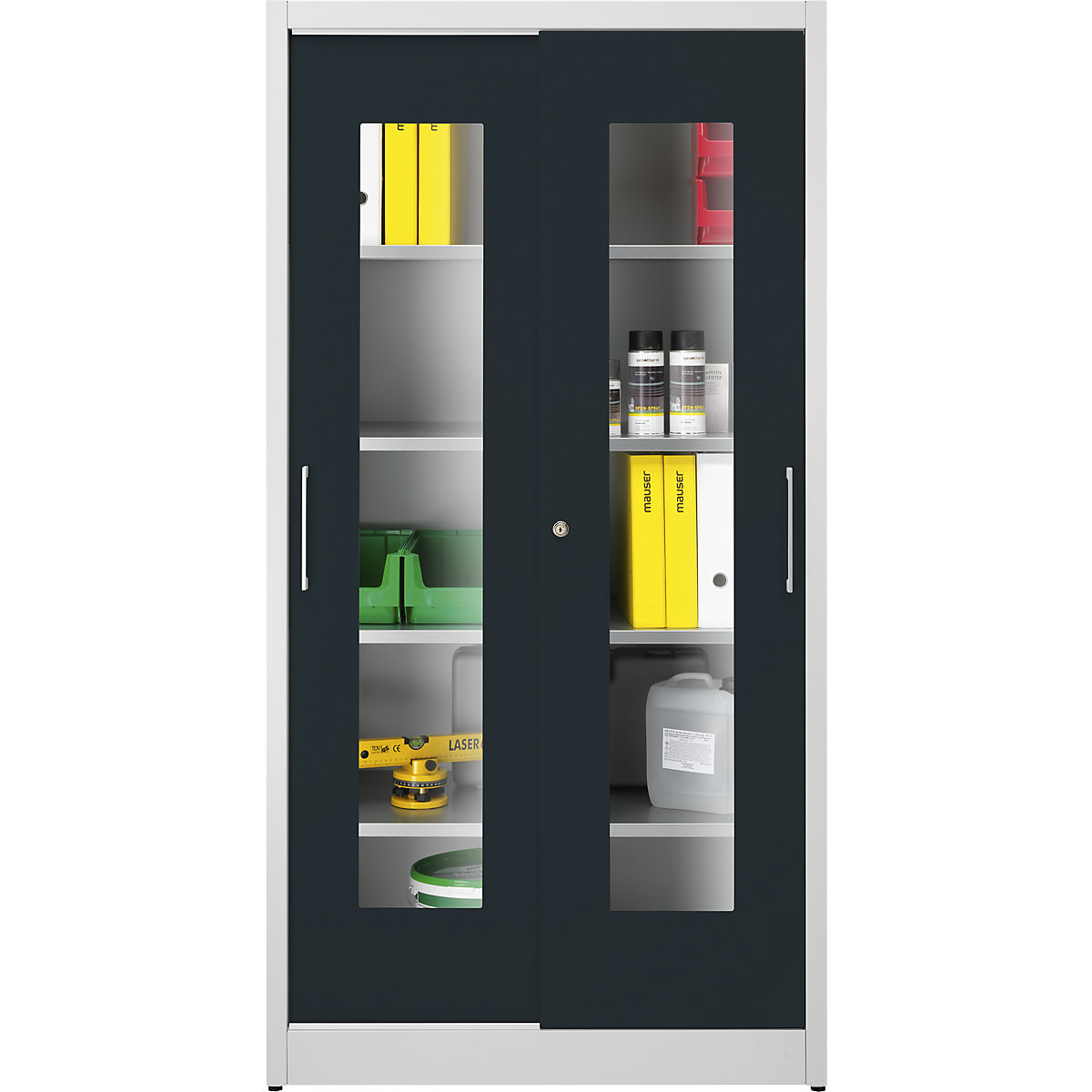 Vision panel sliding door cupboard – mauser, with 4 shelves, HxW 1950 x 1000 mm, depth 600 mm, door colour charcoal-8