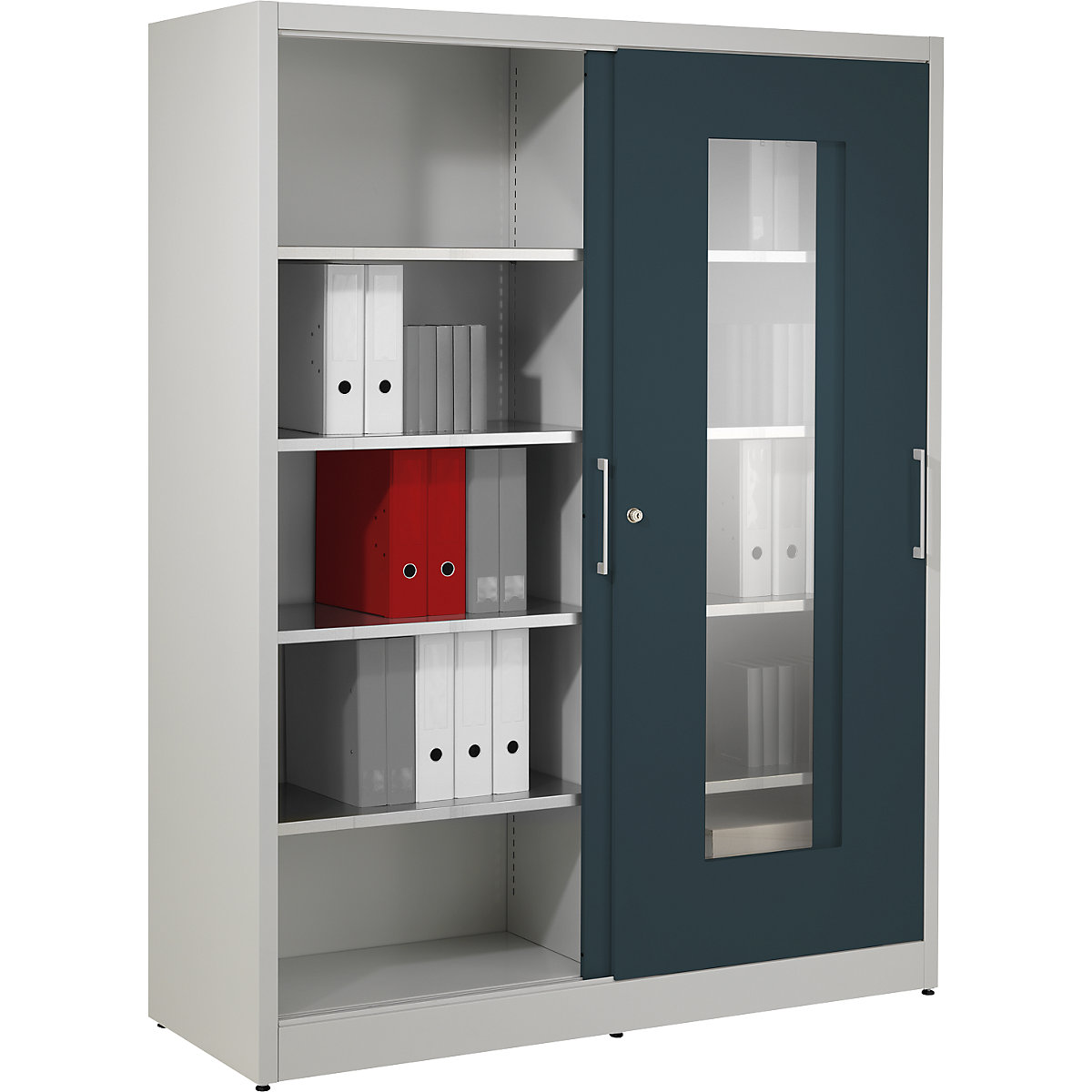 Vision panel sliding door cupboard – mauser, with 2 x 4 shelves, HxW 1950 x 1500 mm, depth 500 mm, door colour charcoal-9