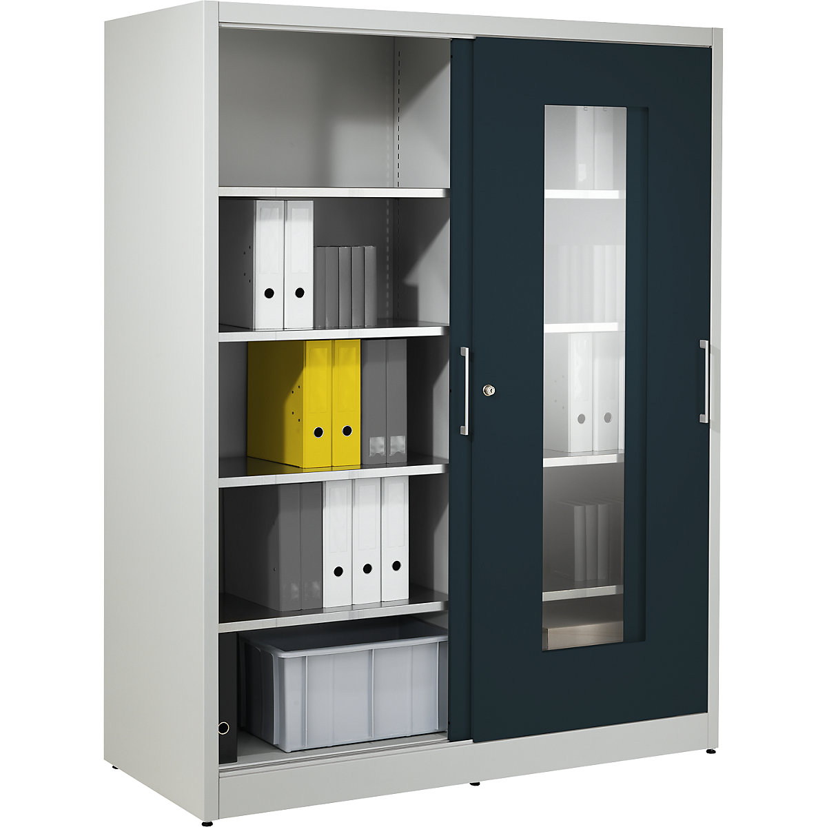 Vision panel sliding door cupboard – mauser, with 2 x 4 shelves, HxW 1950 x 1500 mm, depth 600 mm, door colour charcoal-5
