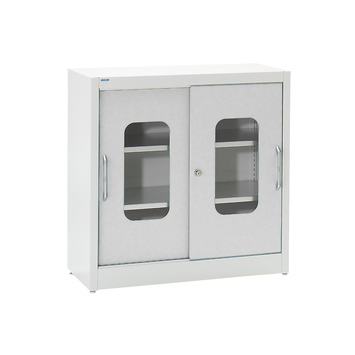 Vision panel sliding door cupboard – mauser, with 2 shelves, HxW 1000 x 1000 mm, depth 500 mm, door colour light grey-8