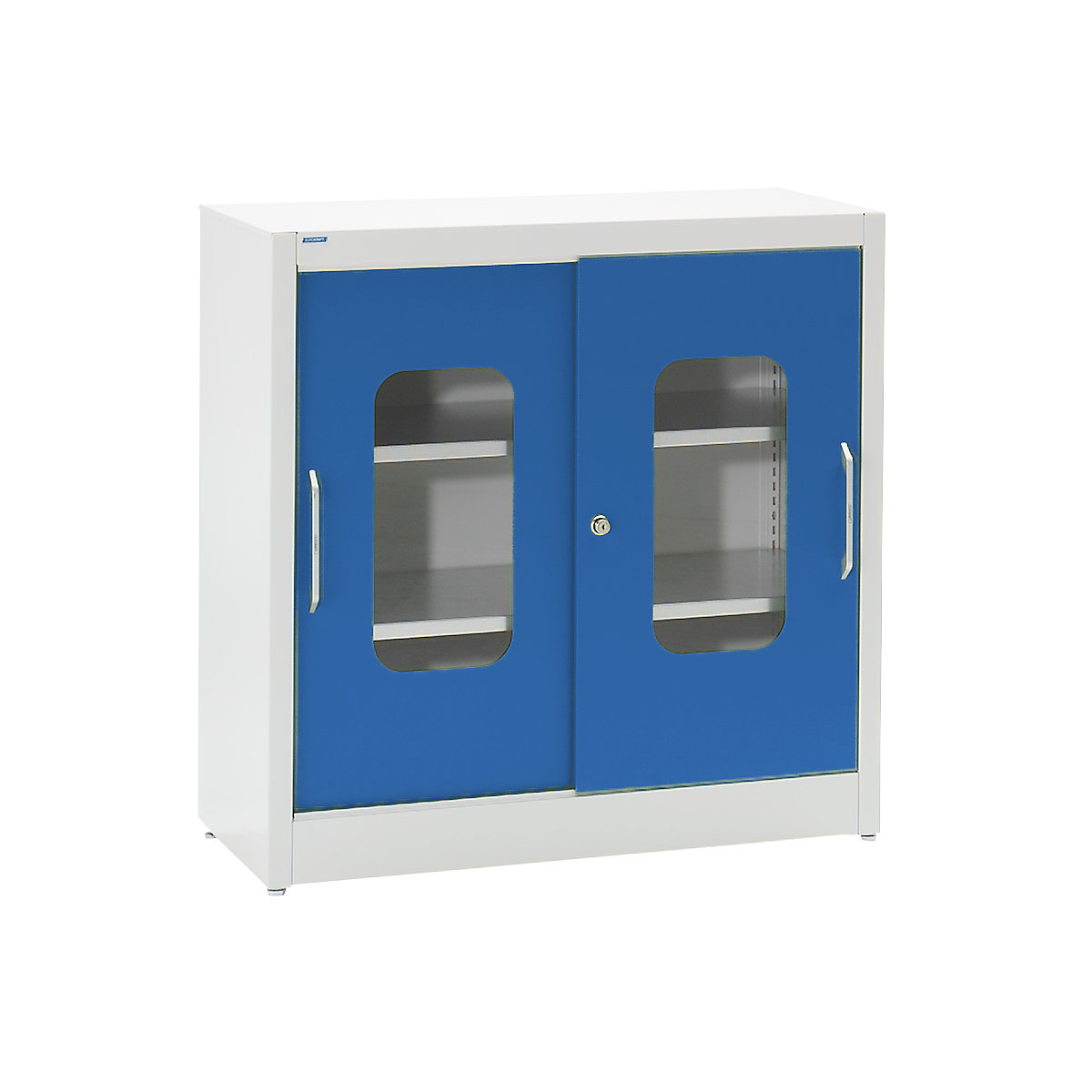 Vision panel sliding door cupboard – mauser, with 2 shelves, HxW 1000 x 1000 mm, depth 500 mm, door colour gentian blue-9