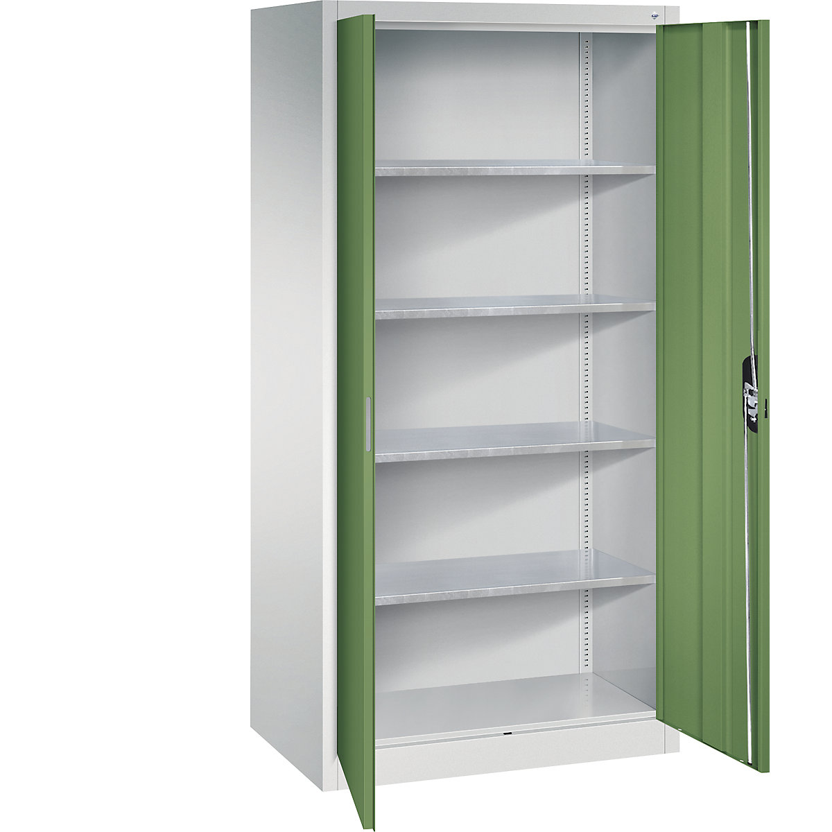 Workshop double door cupboard – C+P, HxWxD 1950 x 930 x 600 mm, light grey / reseda green-11