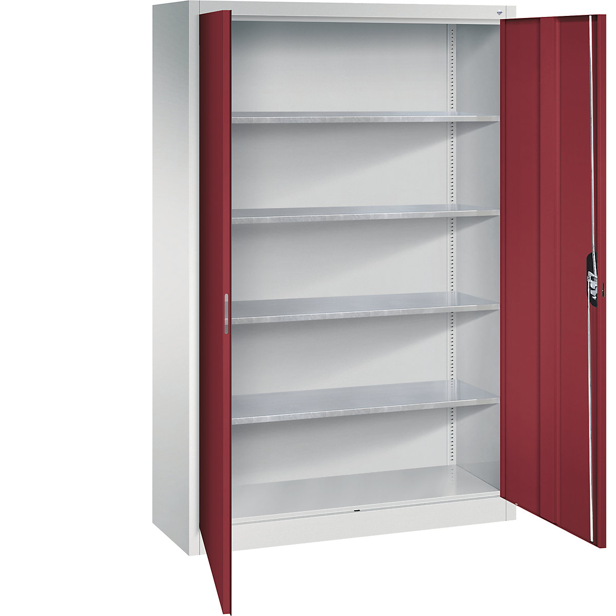 Workshop double door cupboard – C+P, HxWxD 1950 x 1200 x 400 mm, light grey / ruby red-8