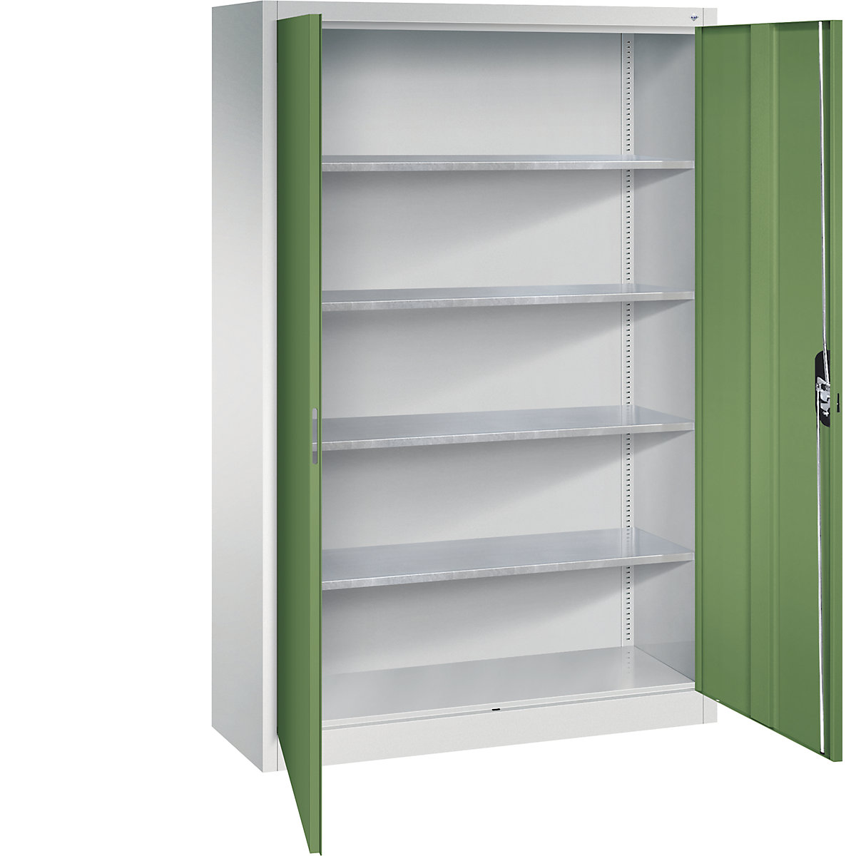 Workshop double door cupboard – C+P, HxWxD 1950 x 1200 x 400 mm, light grey / reseda green-11