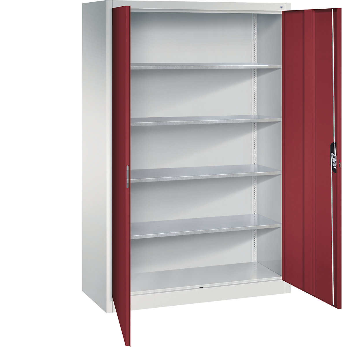 Workshop double door cupboard – C+P, HxWxD 1950 x 1200 x 500 mm, light grey / ruby red-9