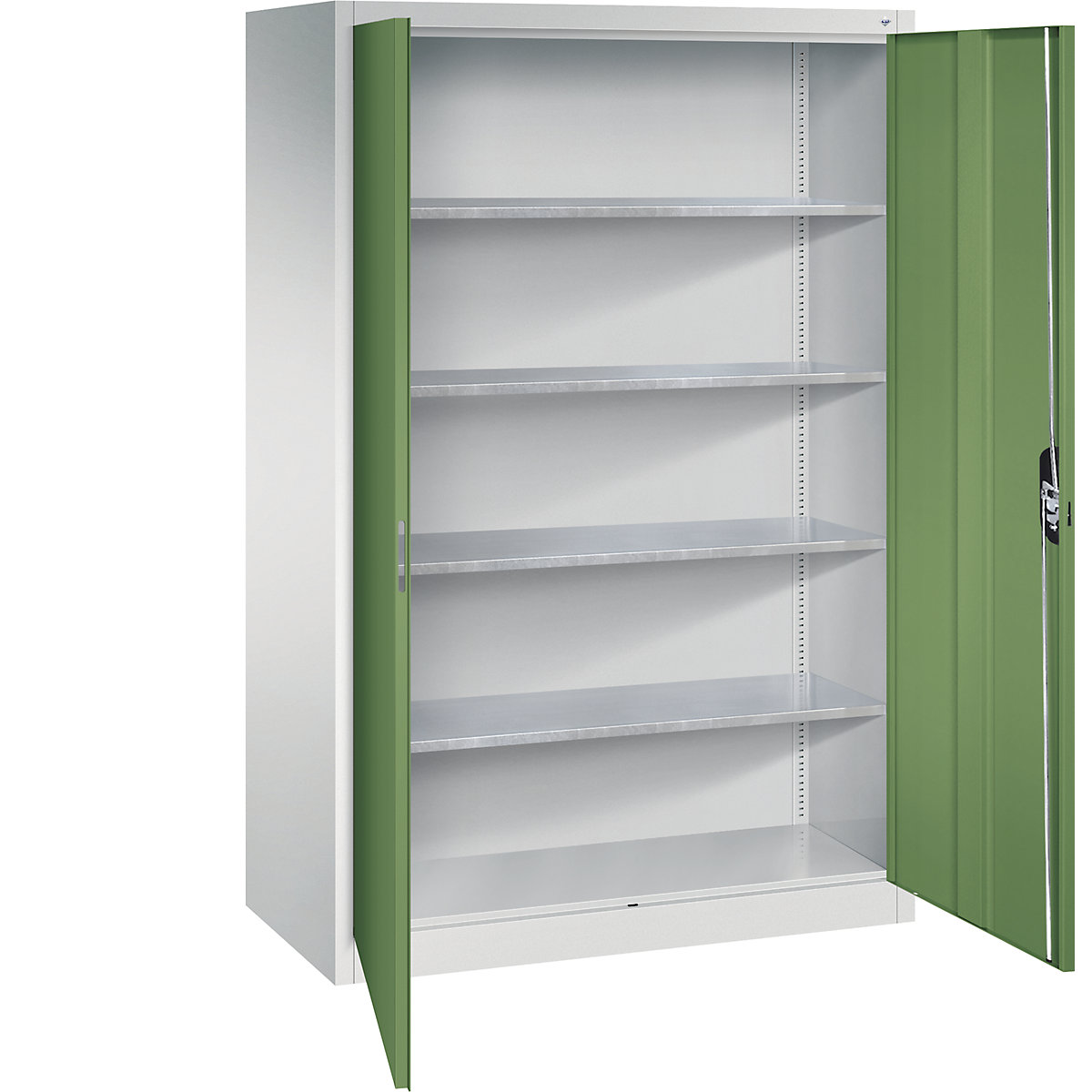 Workshop double door cupboard – C+P, HxWxD 1950 x 1200 x 600 mm, light grey / reseda green-13
