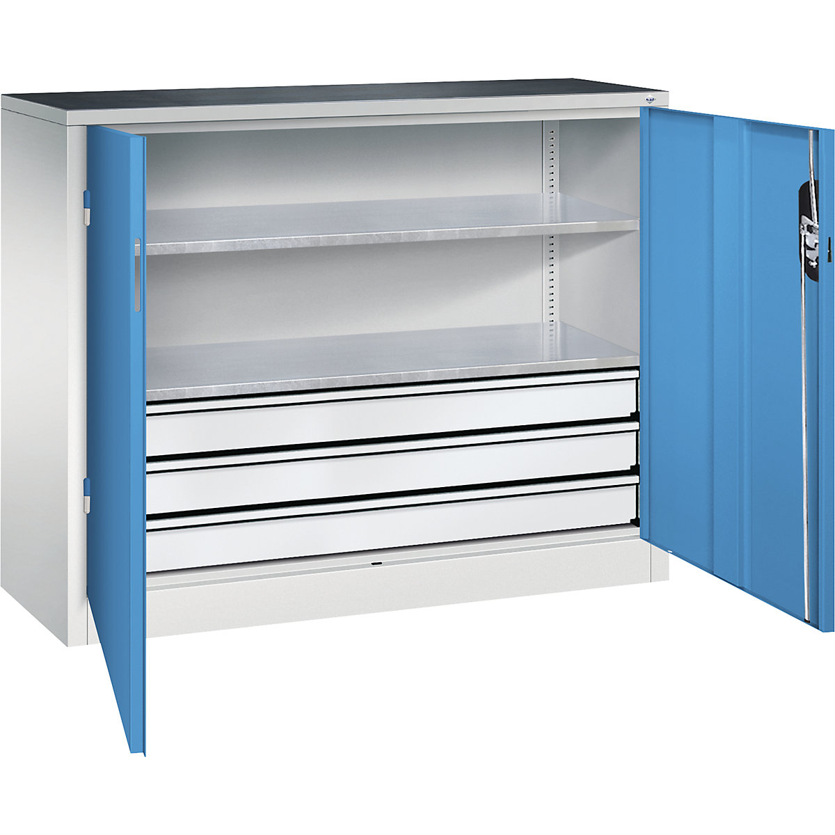 Workshop side cupboard with hinged doors and drawers – C+P