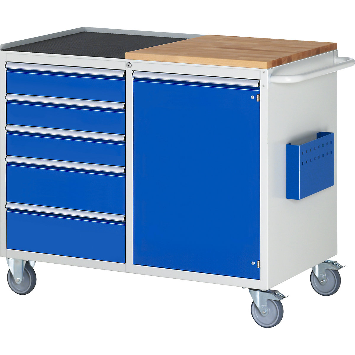 Kompaktowe stoły warsztatowe, mobilne – RAU, 5 szuflad, 1 drzwi, blat roboczy z drewna / metalu, jasnoszary / niebieski gencjanowy-2