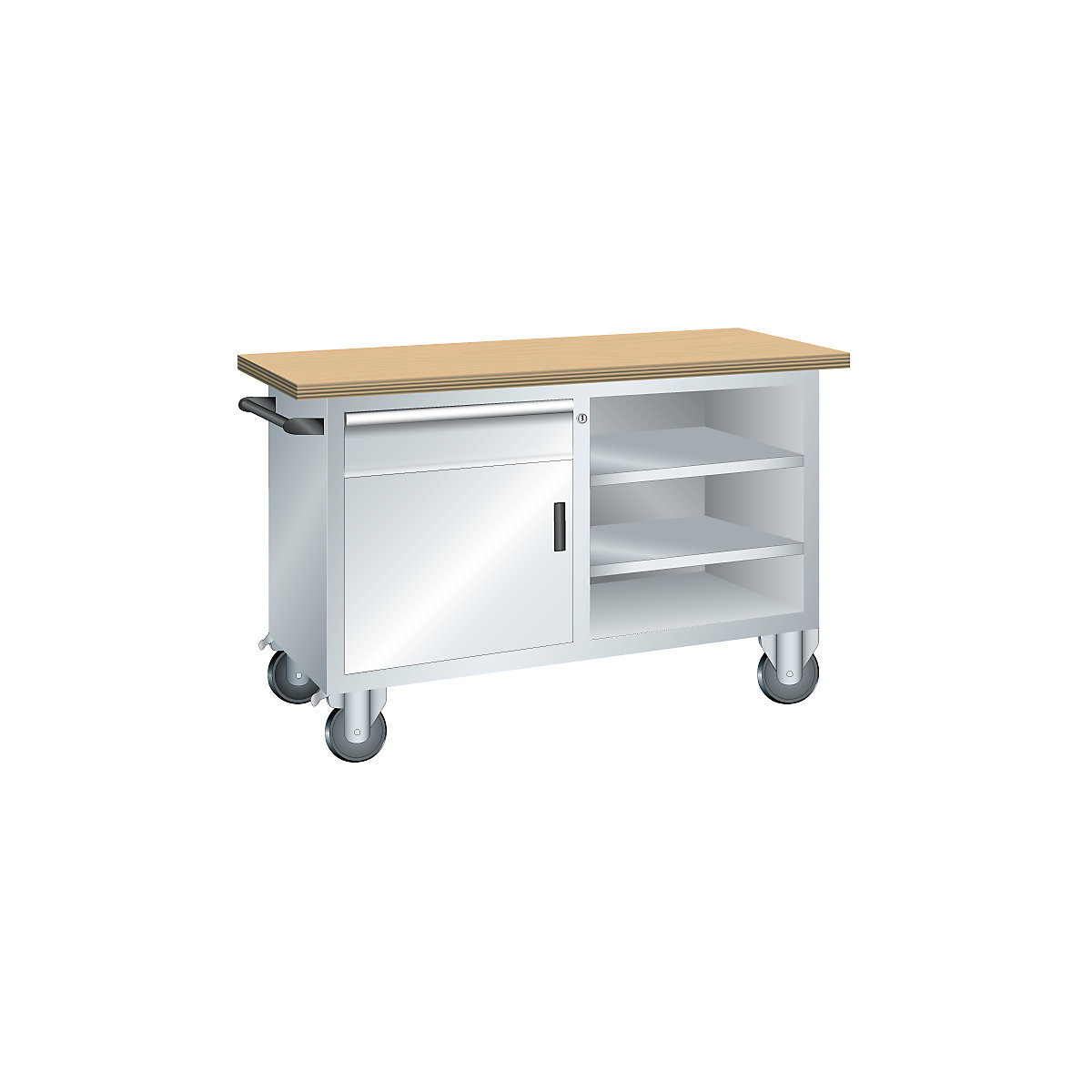 Kompaktowy stół warsztatowy, mobilny – LISTA, 1 szuflada, 1 drzwi, 3 półki, korpus jasnoszary, front jasnoszary-2
