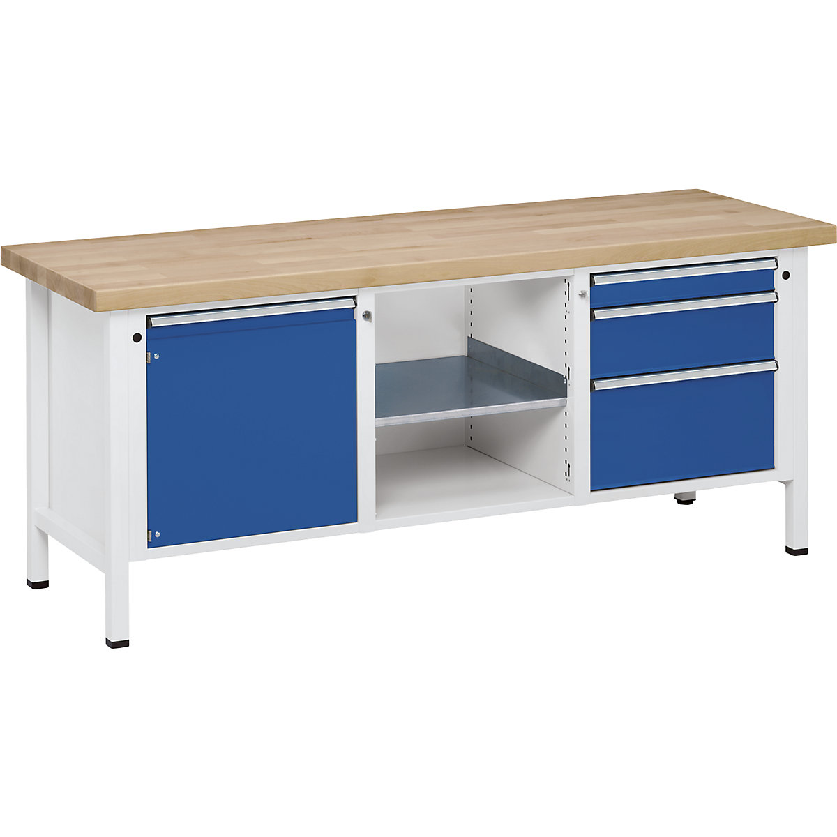 Stół warsztatowy, konstrukcja ramowa – ANKE, 1 drzwi 540 mm, 3 szuflady, lite drewno bukowe, pełne wysunięcie-8