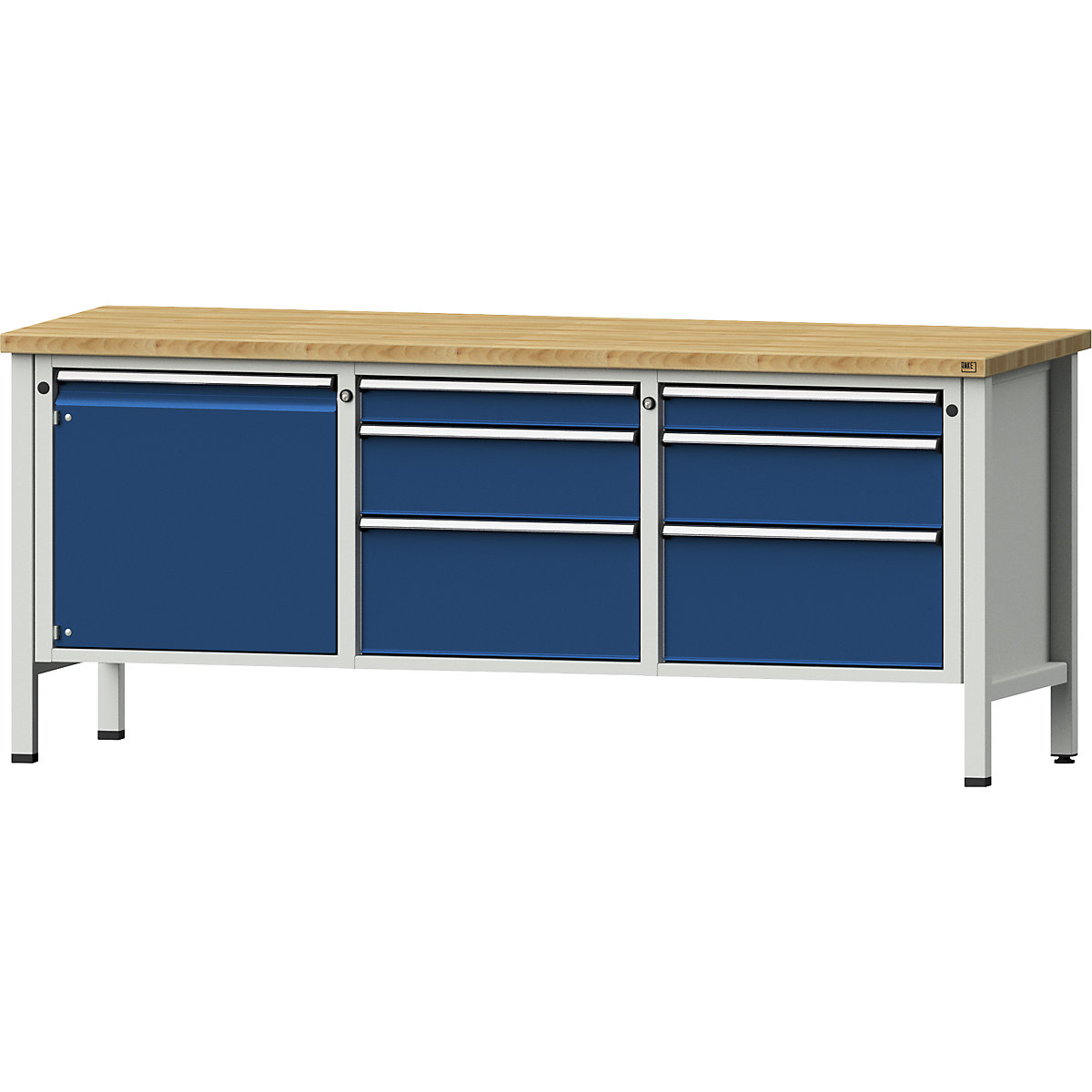 Stół warsztatowy, konstrukcja ramowa – ANKE, 1 drzwi 540 mm, 6 szuflady, lite drewno bukowe, pełne wysunięcie-13