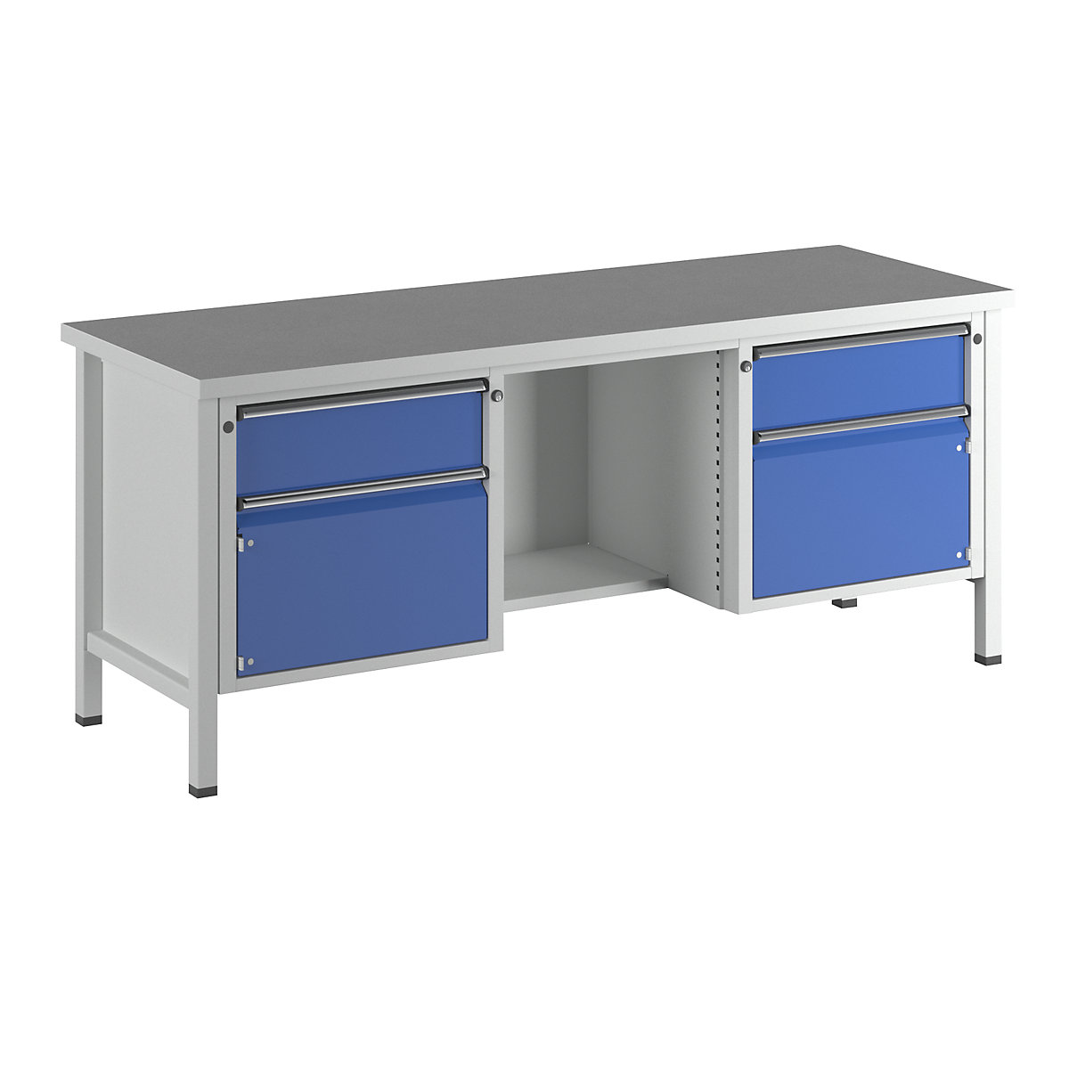 Stół warsztatowy, konstrukcja ramowa – ANKE, 2 szuflady, 2 drzwi, ½ półki, blat uniwersalny, częściowe wysunięcie-10