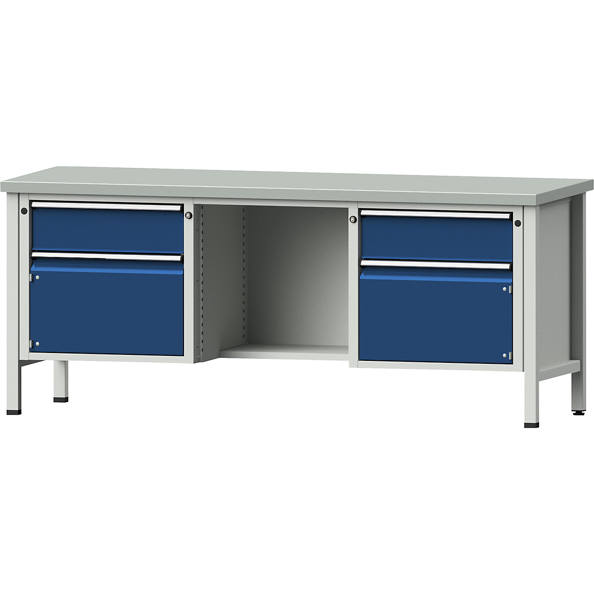 Stół warsztatowy, konstrukcja ramowa – ANKE, 2 szuflady, 2 drzwi, ½ półki, okładzina z blachy stalowej, częściowe wysunięcie-8