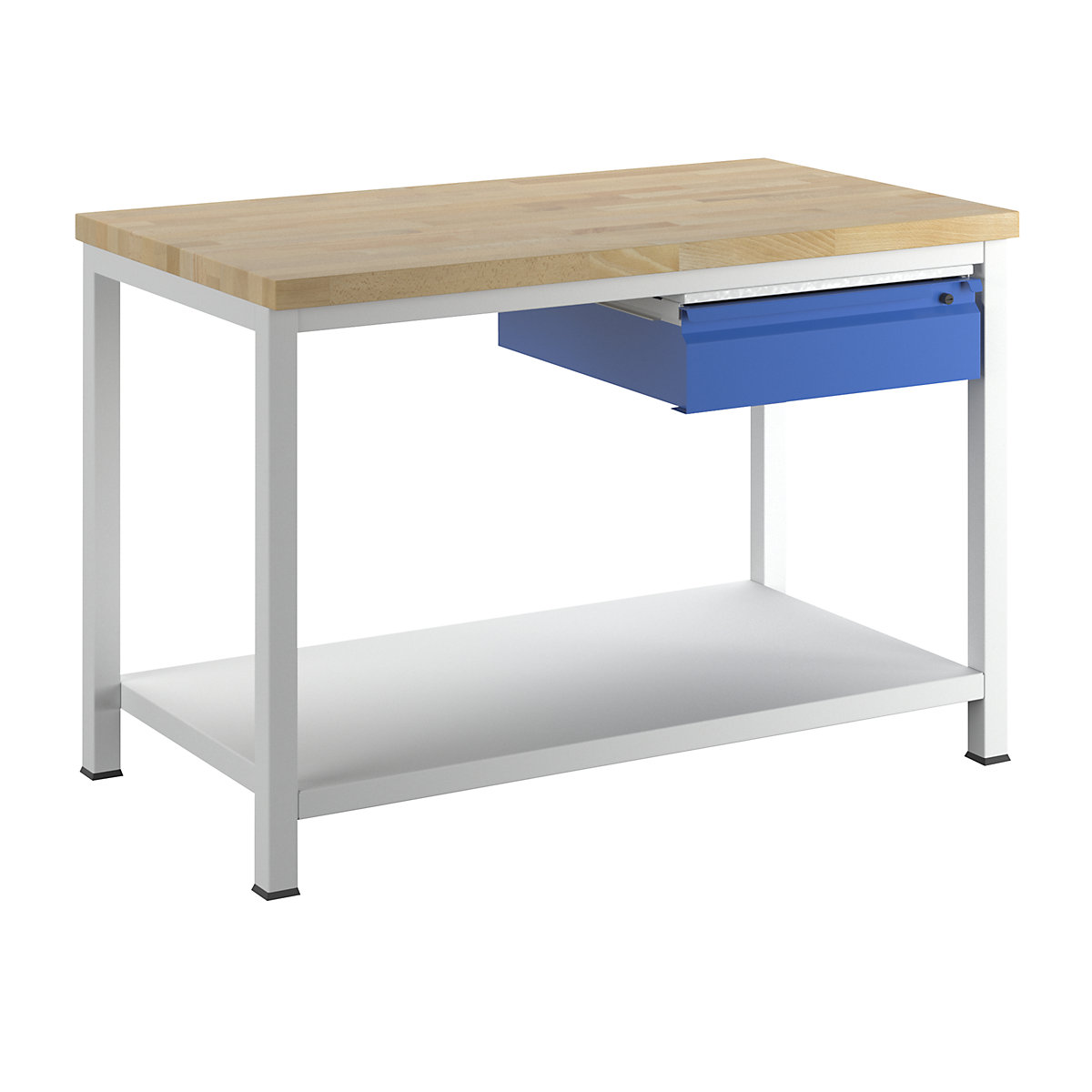 Stół warsztatowy, konstrukcja ramowa – RAU, 1 szuflada w rozmiarze L, 1 półka z litego drewna bukowego, głęb. 700 mm, szer. 1250 mm-11