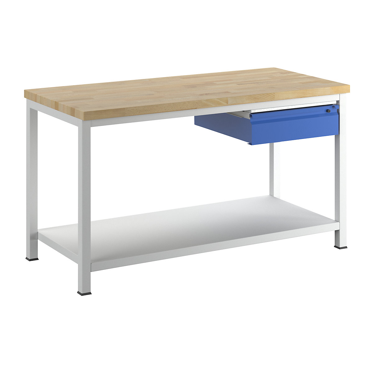 Stół warsztatowy, konstrukcja ramowa – RAU, 1 szuflada w rozmiarze L, 1 półka z litego drewna bukowego, głęb. 700 mm, szer. 1500 mm-12