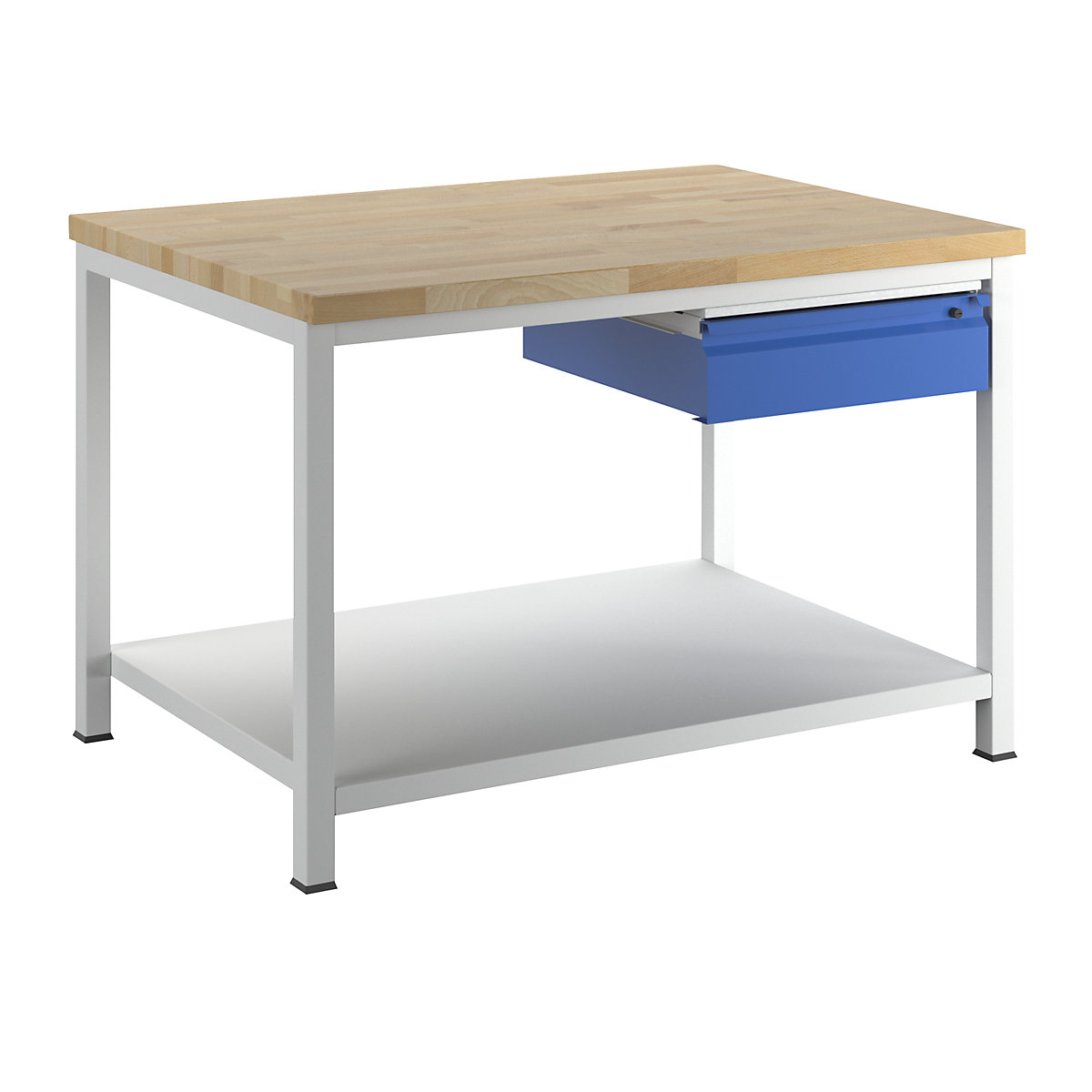 Stół warsztatowy, konstrukcja ramowa – RAU, 1 szuflada w rozmiarze L, 1 półka z litego drewna bukowego, głęb. 900 mm, szer. 1250 mm-9