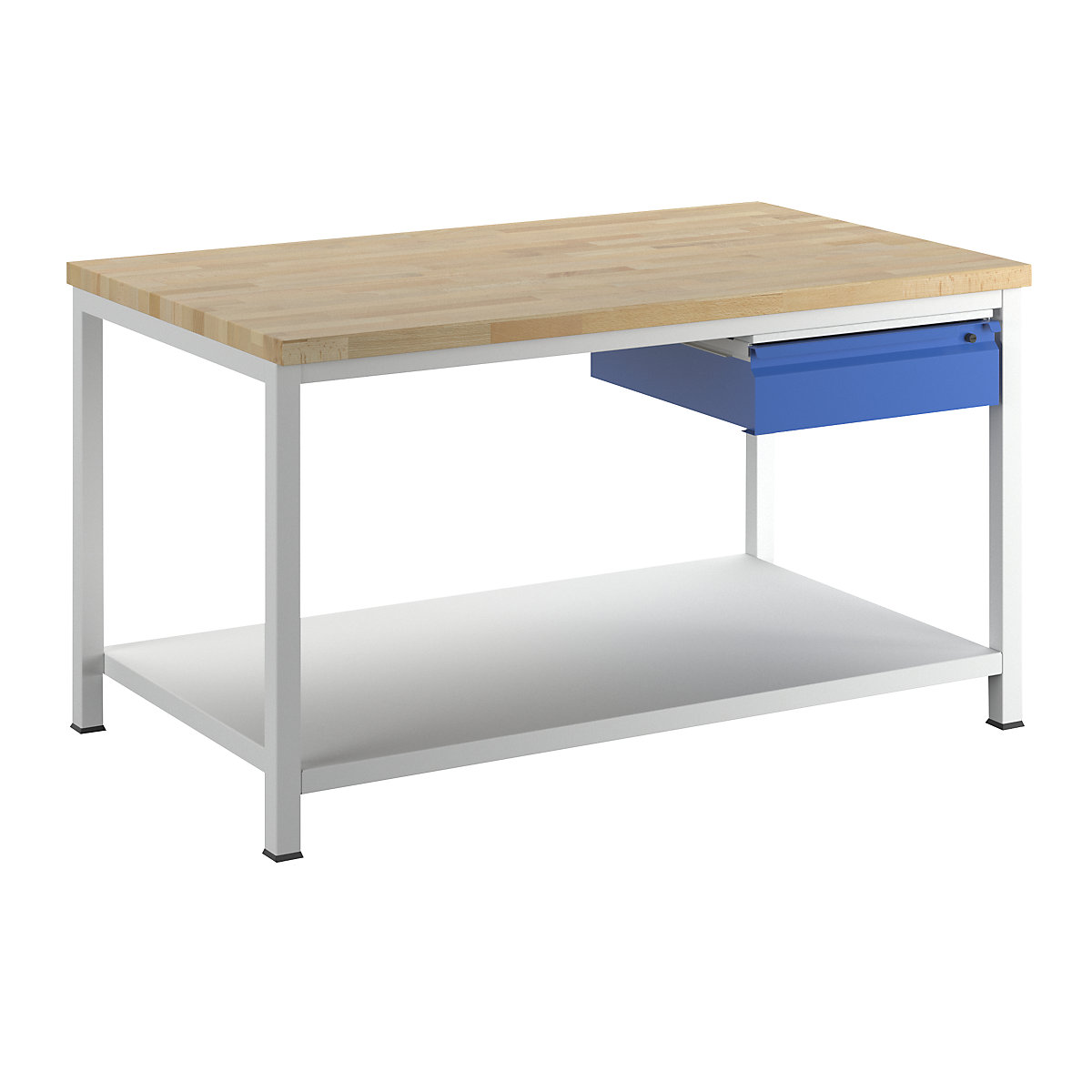 Stół warsztatowy, konstrukcja ramowa – RAU, 1 szuflada w rozmiarze L, 1 półka z litego drewna bukowego, głęb. 900 mm, szer. 1500 mm-14