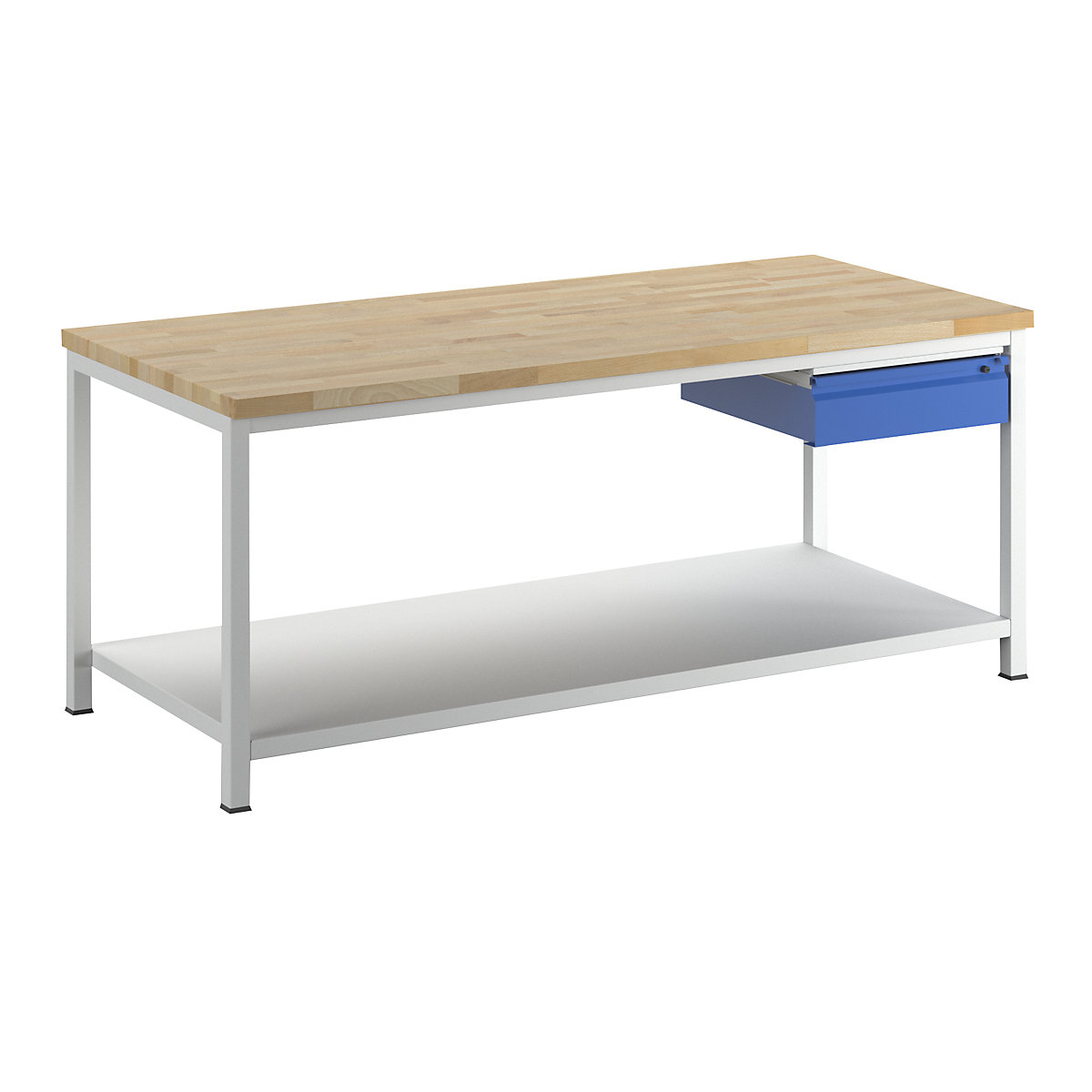 Stół warsztatowy, konstrukcja ramowa – RAU, 1 szuflada w rozmiarze L, 1 półka z litego drewna bukowego, głęb. 900 mm, szer. 2000 mm-13