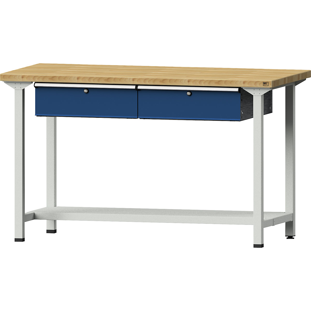 Stół warsztatowy, konstrukcja ramowa – ANKE, 2 szuflady, 1 półka, szer. 1500 mm, blat z litego drewna bukowego, wys. 890 mm-11
