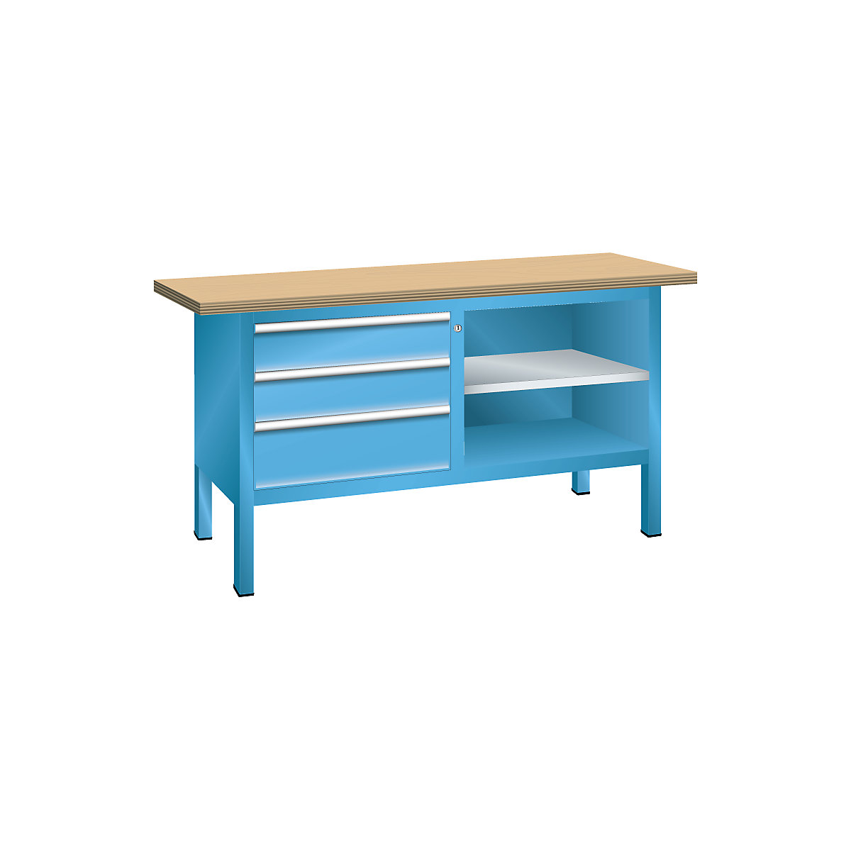 Stół warsztatowy, konstrukcja ramowa – LISTA, 3 szuflady, 2 półki, korpus jasnoniebieski, front jasnoniebieski-9